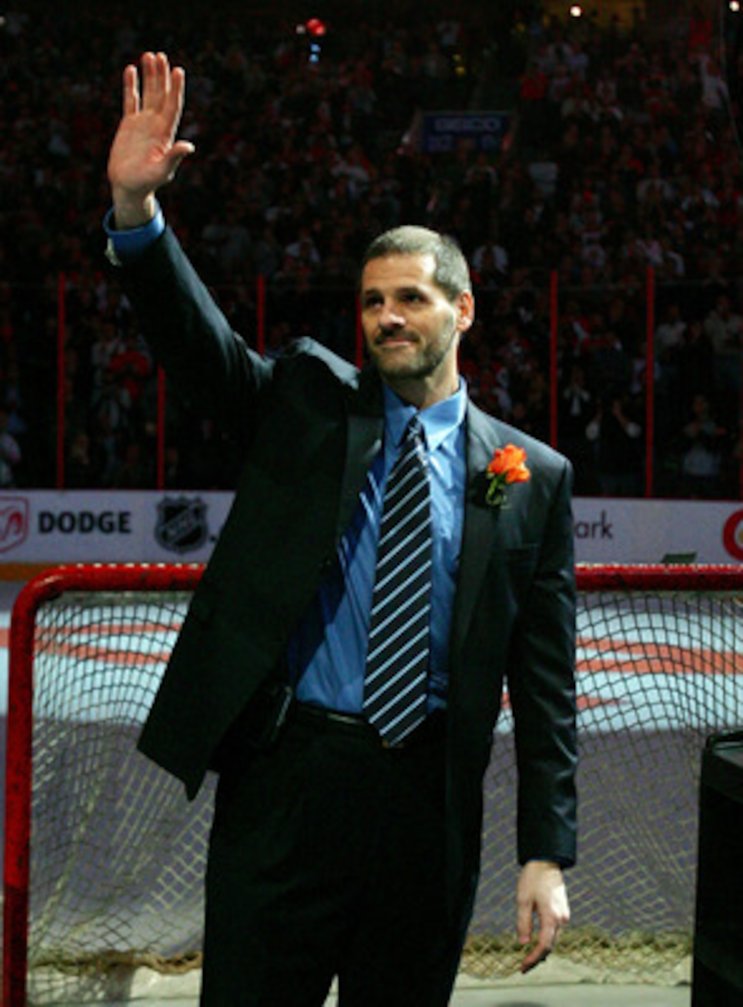 PHILADELPHIA - FEBRUARY 06:  Former Philadelphia Flyer Ron Hextall waves to the crowd as he is inducted into the Flyers Hall of Fame before the game against the Washington Capitals on February 6, 2008 at Wachovia Center in Philadelphia, Pennsylvania.  (Ph