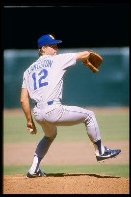 1987:  Pitcher Mark Langston of the Seattle Mariners prepares to throw the ball during a game against the California Angels at Anaheim Stadium in Anaheim, California. Mandatory Credit: Rick Stewart  /Allsport