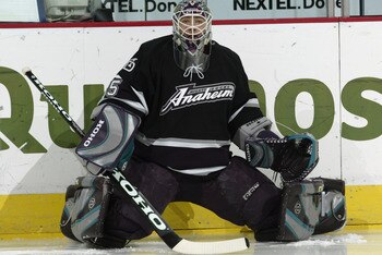 DENVER - NOVEMBER 18:  Goaltender J.S. Giguere #35 of the Mighty Ducks of Anaheim warms up prior to taking on the Colorado Avalanche on November 18, 2003 at the Pepsi Center in Denver, Colorado.  The Avalanche defeated the Mighty Ducks 2-1 in overtime. (P