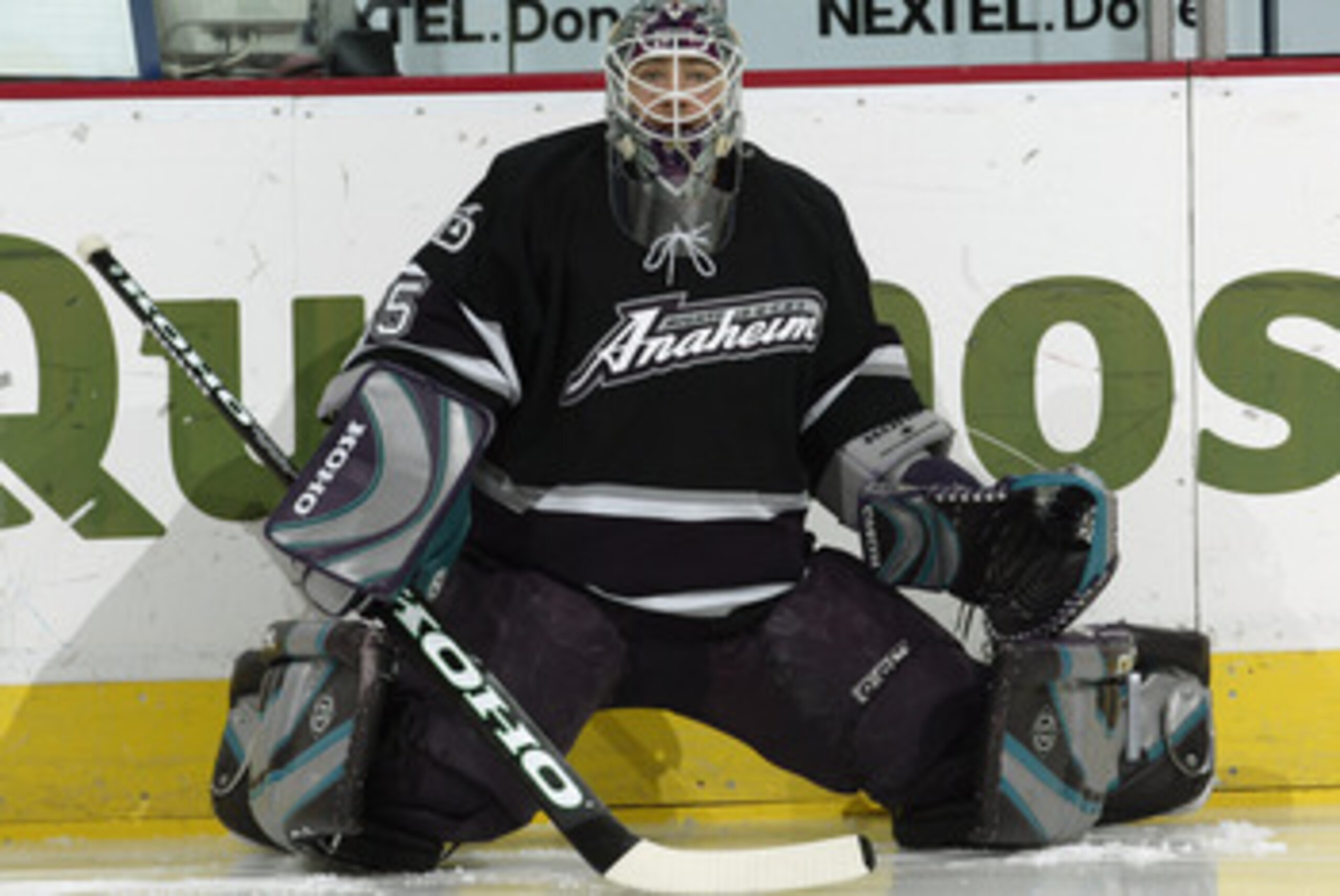 DENVER - NOVEMBER 18:  Goaltender J.S. Giguere #35 of the Mighty Ducks of Anaheim warms up prior to taking on the Colorado Avalanche on November 18, 2003 at the Pepsi Center in Denver, Colorado.  The Avalanche defeated the Mighty Ducks 2-1 in overtime. (P