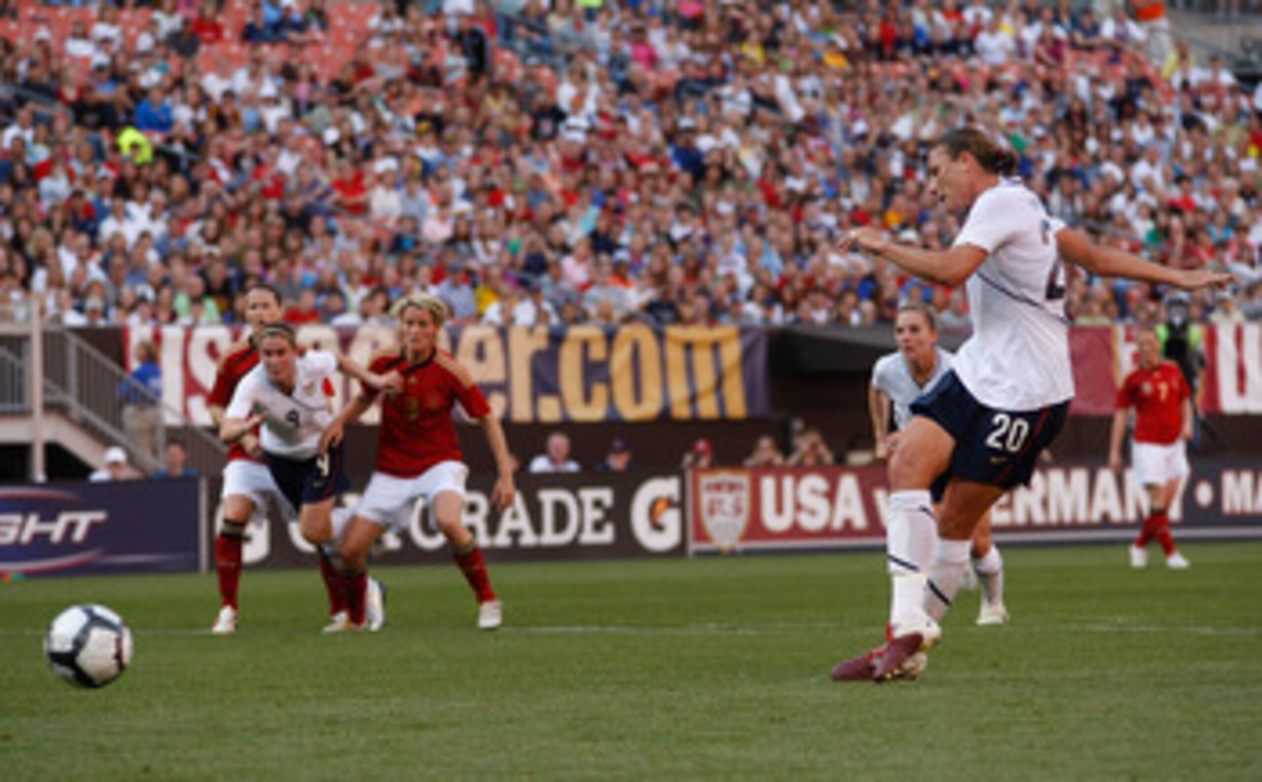 CLEVELAND - MAY 22:  Abby Wambach #20 of the United States takes her penalty kick in the first half against Germany during the game on May 22, 2010 at Browns Stadium in Cleveland, Ohio.  (Photo by Jared Wickerham/Getty Images)