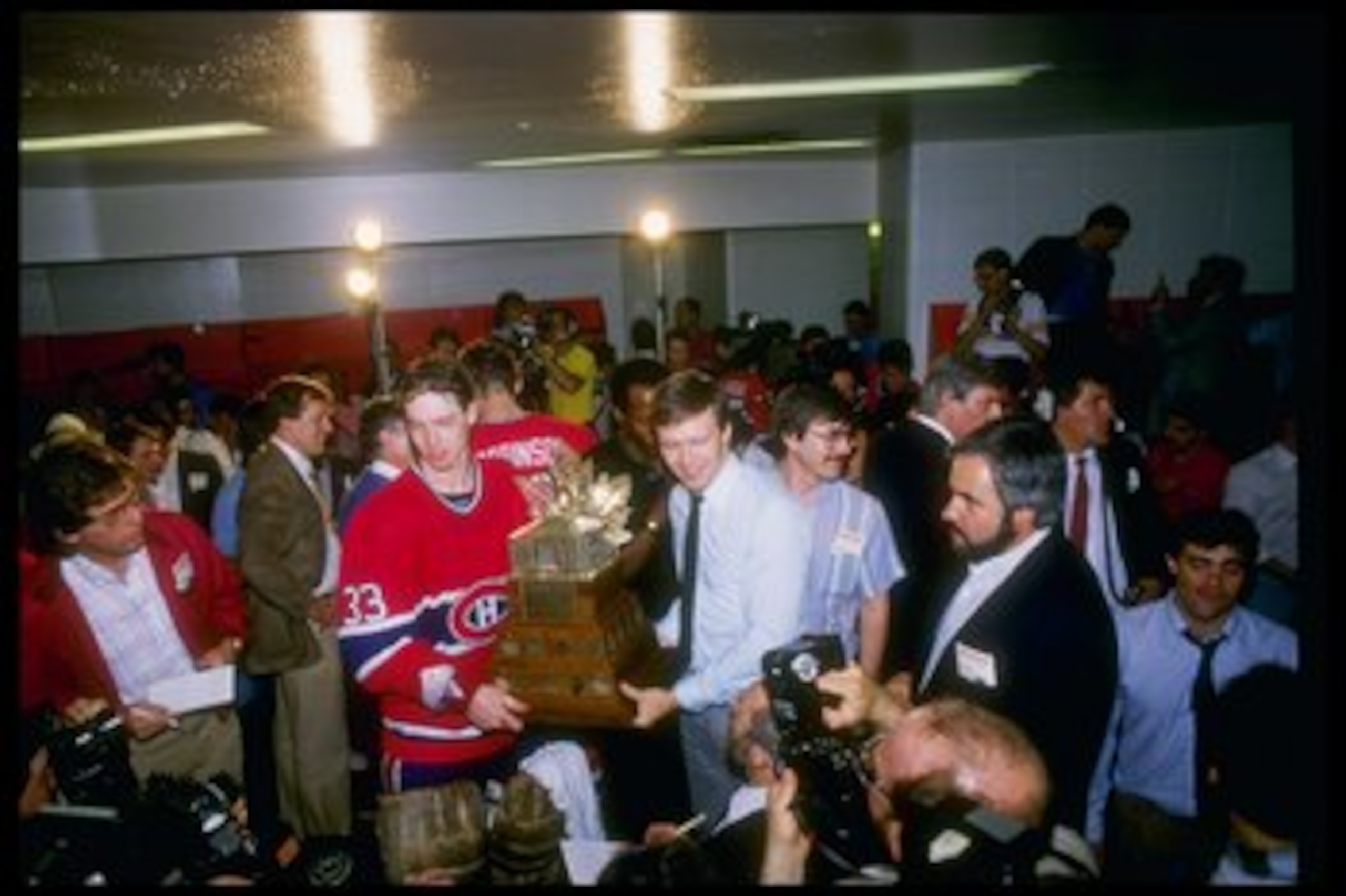 24 May 1986:  Goaltender Patrick Roy of the Montreal Canadiens holds the Conn Smythe Trophy after the Canadiens defeated the Calgary Flames to win the series 4-1 at the Olympic Saddledome in Calgary, Canada.  The Canadiens won the game 4-3. Mandatory Cred