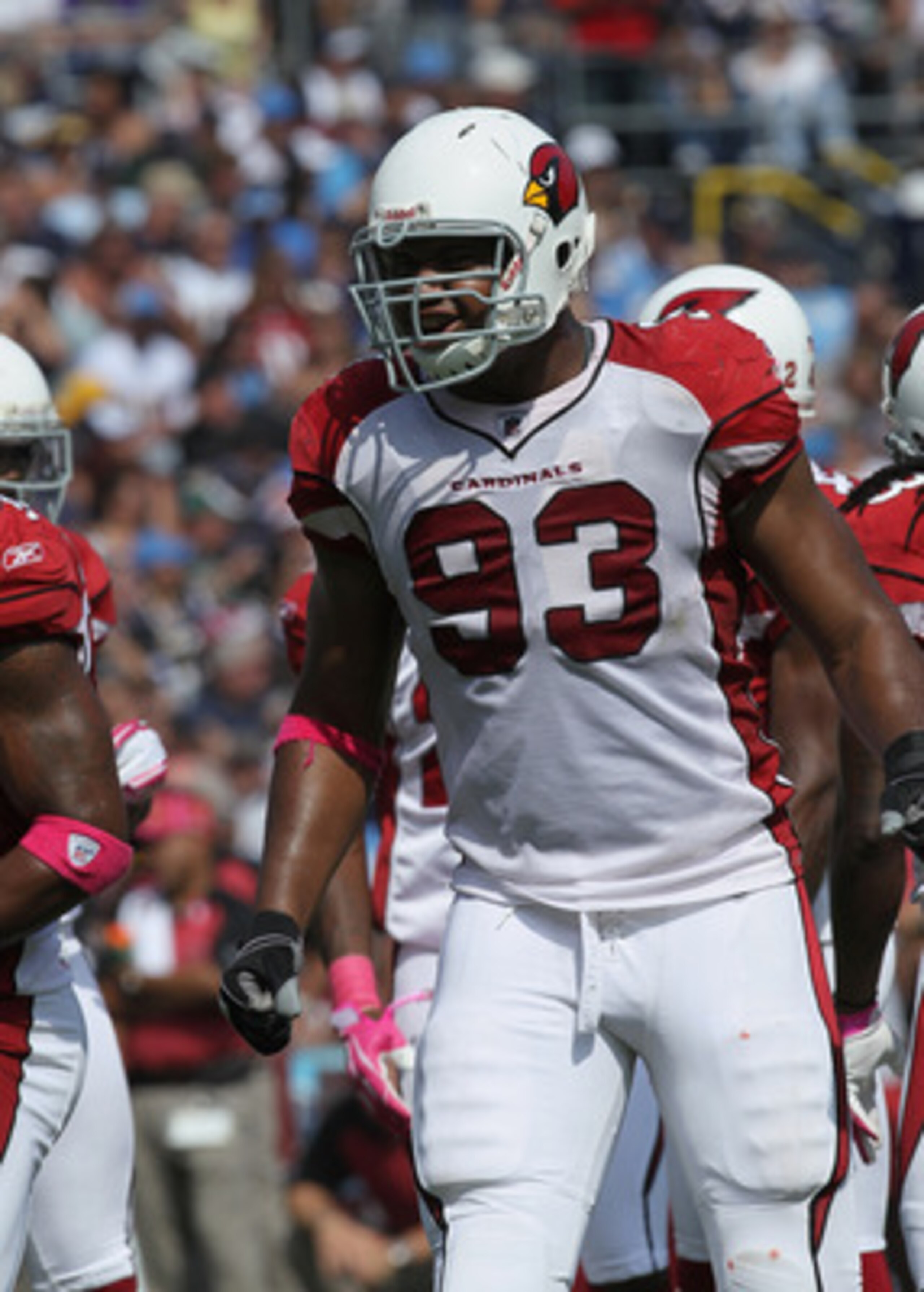 SAN DIEGO - OCTOBER 03:  Defensive end Calais Campbell #93 of the Arizona Cardinals on the field against the San Diego Chargers at Qualcomm Stadium on October 3, 2010 in San Diego, California.  The Chargers won 41-10.  (Photo by Stephen Dunn/Getty Images)