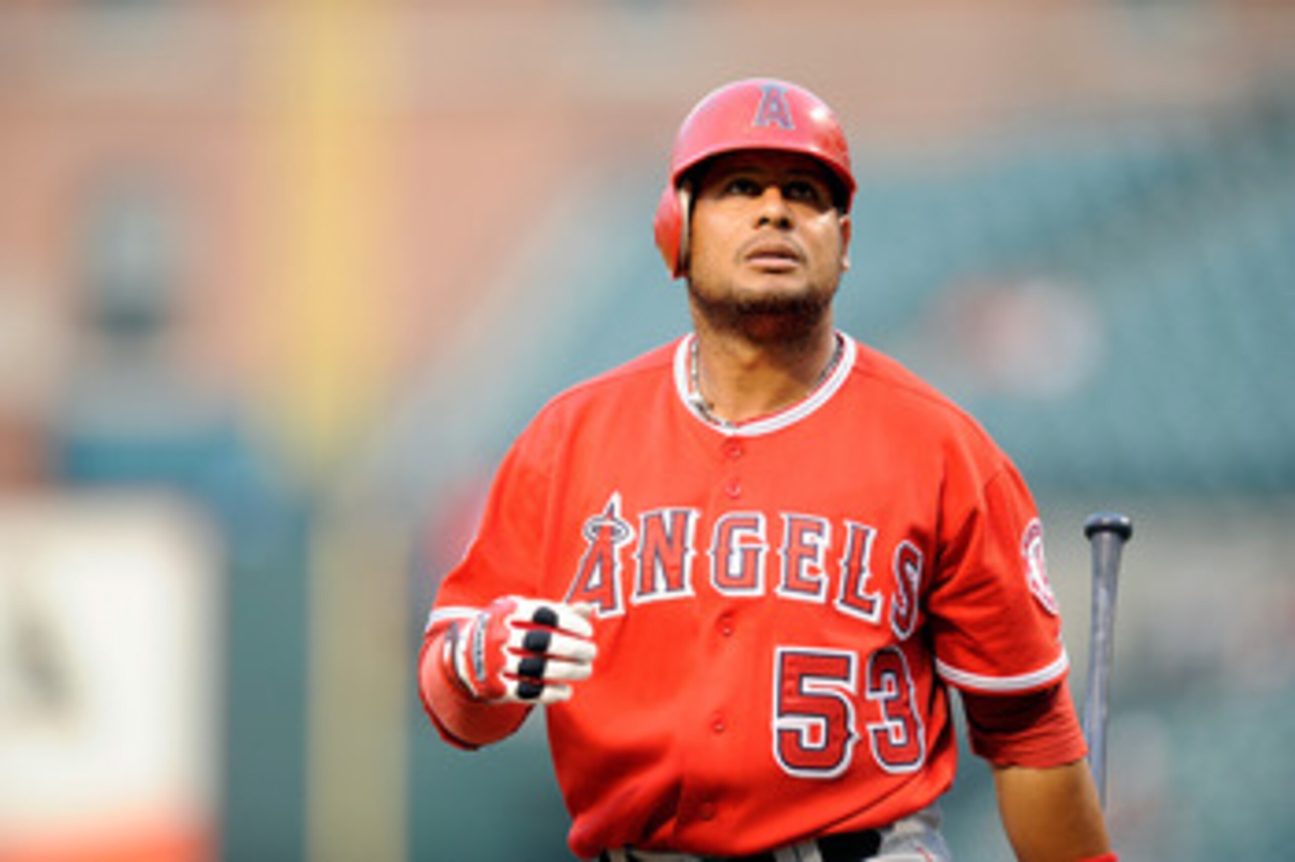 BALTIMORE - AUGUST 04:  Bobby Abreu #53 of the Los Angeles Angels of Anaheim walks to the dugout after striking out in the first inning against the Baltimore Orioles at Camden Yards on August 4, 2010 in Baltimore, Maryland.  (Photo by Greg Fiume/Getty Ima