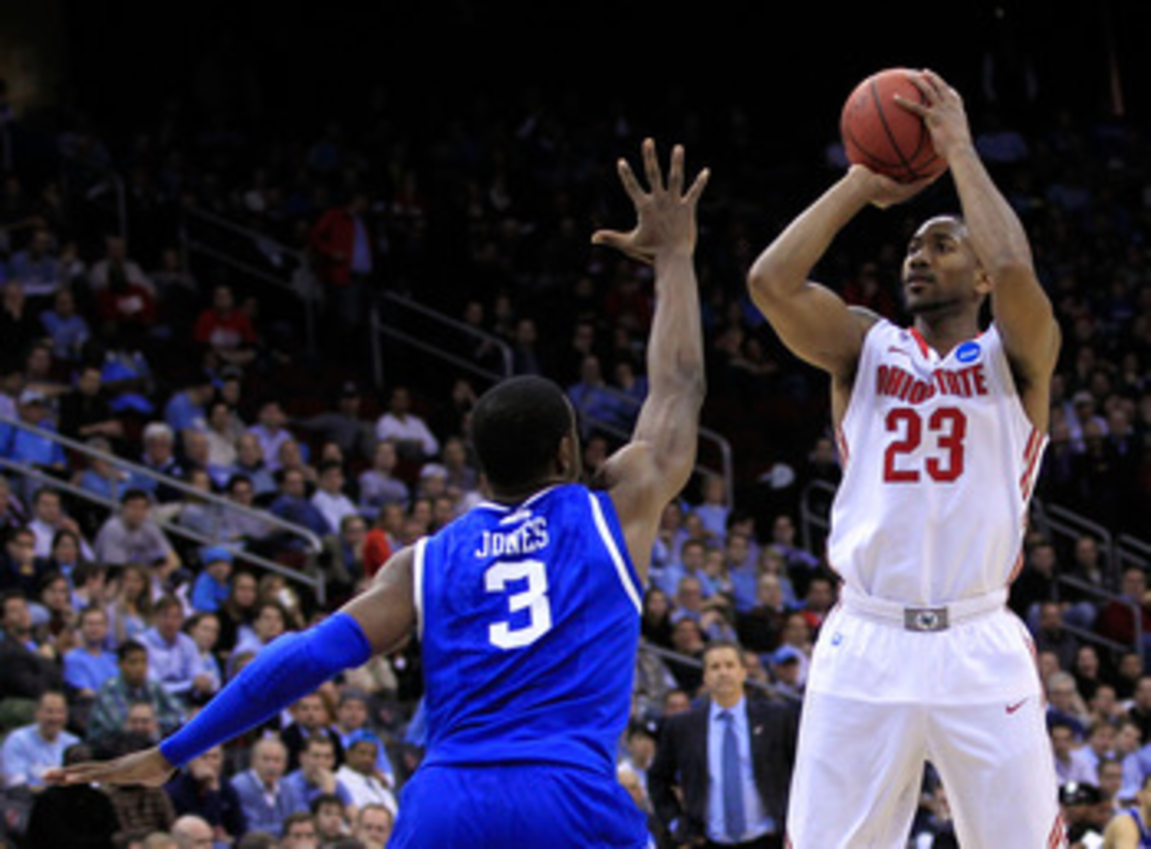 NEWARK, NJ - MARCH 25:  David Lighty #23 of the Ohio State Buckeyes in action against Terrence Jones #3 of the Kentucky Wildcats during the east regional semifinal of the 2011 NCAA Men's Basketball Tournament at the Prudential Center on March 25, 2011 in 