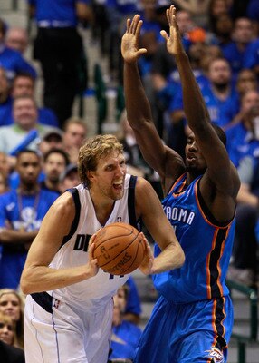 DALLAS, TX - MAY 17:  Dirk Nowitzki #41 of the Dallas Mavericks looks to pass against Serge Ibaka #9 of the Oklahoma City Thunder in Game One of the Western Conference Finals during the 2011 NBA Playoffs at American Airlines Center on May 17, 2011 in Dall