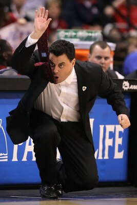 LOS ANGELES, CA - MARCH 12:  Head coach Sean Miller of the Arizona Wildcats reacts in the first half while taking on the Washington Huskies in the championship game of the 2011 Pacific Life Pac-10 Men's Basketball Tournament at Staples Center on March 12,