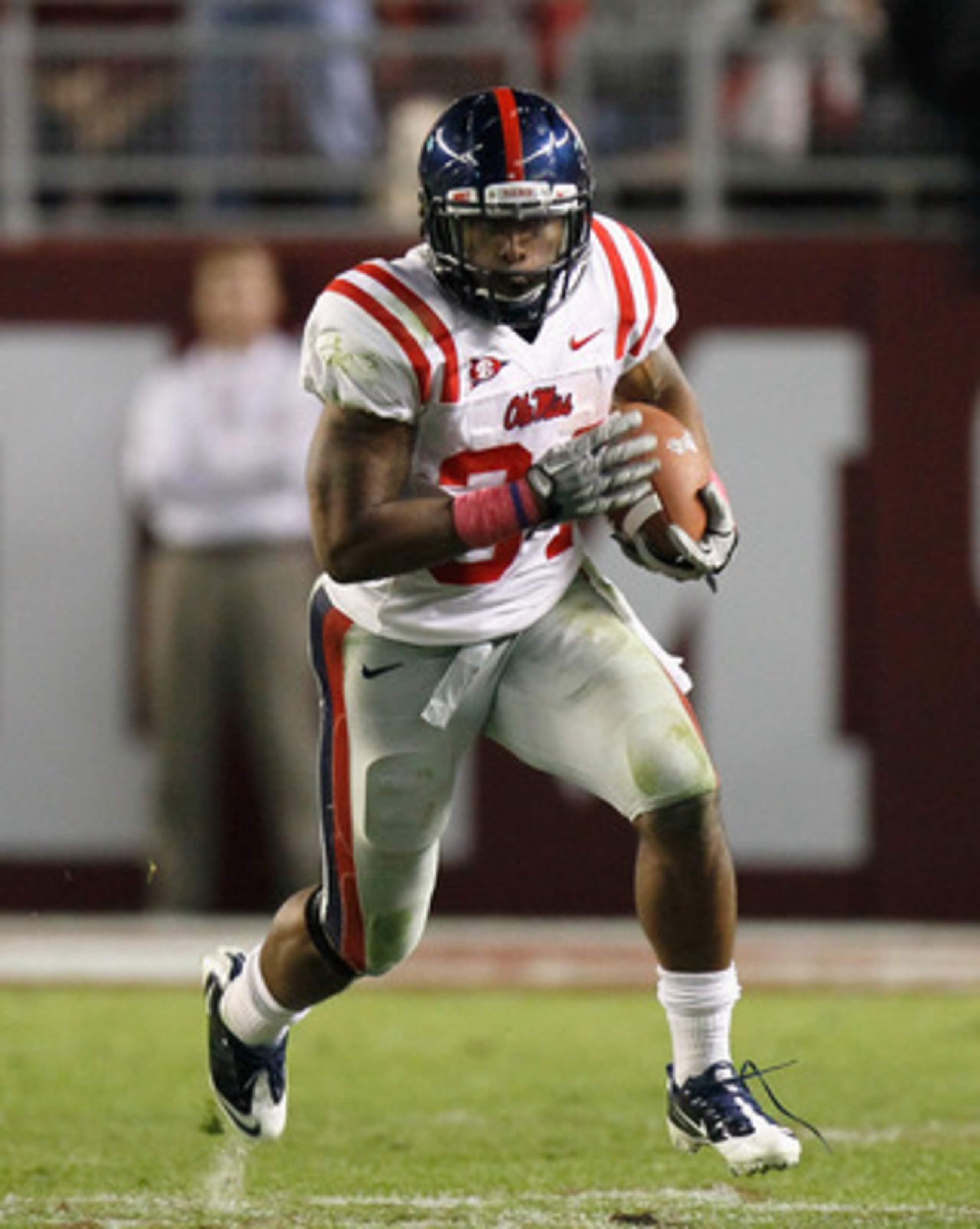 TUSCALOOSA, AL - OCTOBER 16:  Brandon Bolden #34 of the Ole Miss Rebels against the Alabama Crimson Tide at Bryant-Denny Stadium on October 16, 2010 in Tuscaloosa, Alabama.  (Photo by Kevin C. Cox/Getty Images)