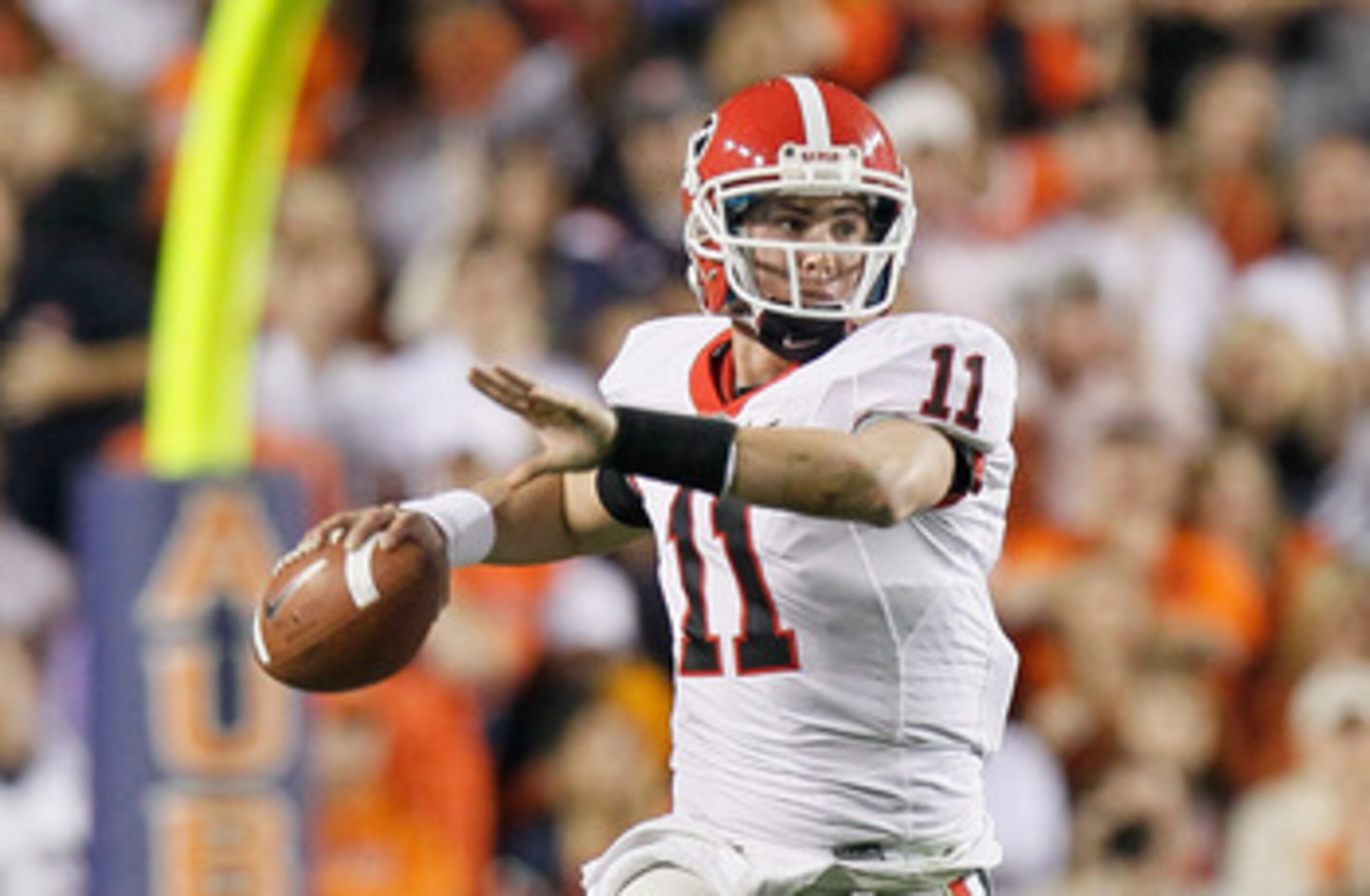 AUBURN, AL - NOVEMBER 13:  Quarterback Aaron Murray #11 of the Georgia Bulldogs against the Auburn Tigers at Jordan-Hare Stadium on November 13, 2010 in Auburn, Alabama.  (Photo by Kevin C. Cox/Getty Images)