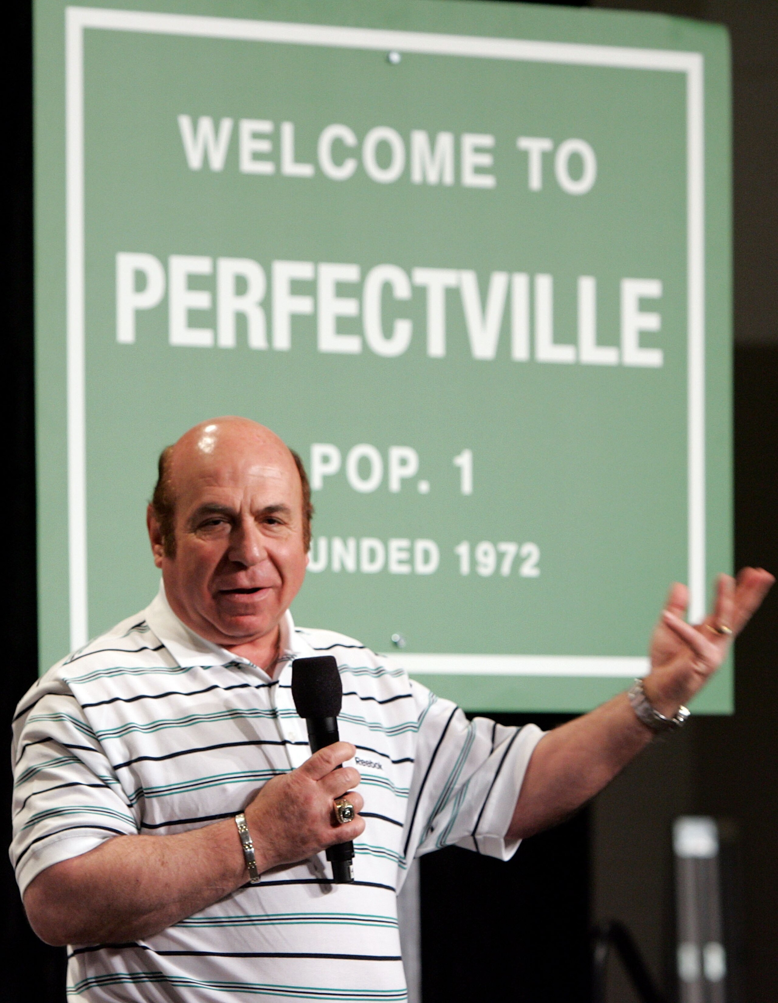 PHOENIX - FEBRUARY 01:  Former Miami Dolphin Garo Yepremian speaks during a press conference anouncing Reebok's new television campaign -dubbed 'Perfectville'- featuring members of the only undeated team in NFL history- the 1972 Miami Dolphins on February