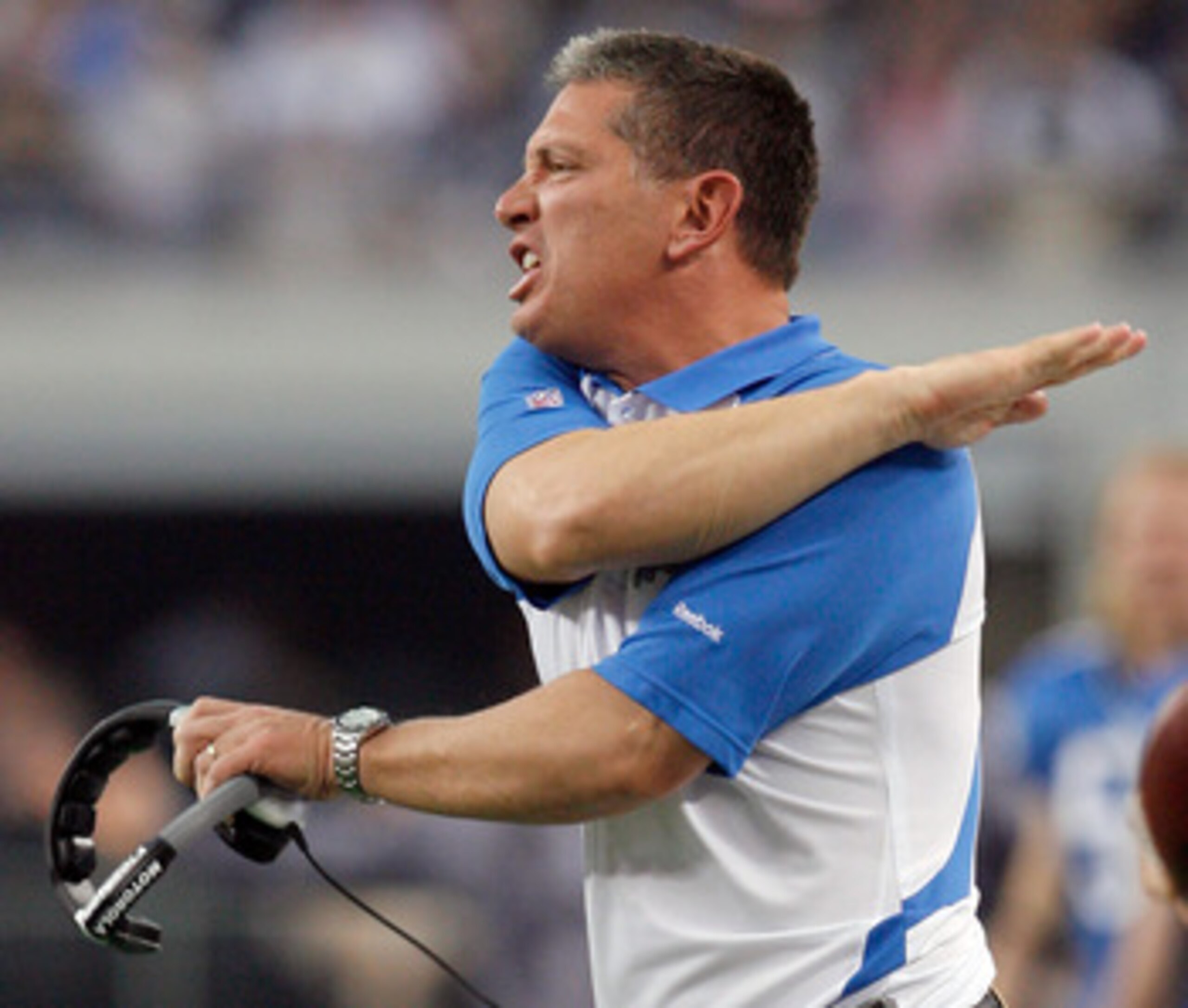 ARLINGTON, TX - NOVEMBER 21:  Head coach Jim Schwartz of the Detroit Lions reacts to a call from the officials while taking on the Dallas Cowboys at Cowboys Stadium on November 21, 2010 in Arlington, Texas.  The Cowboys beat the Lions 35-19.  (Photo by To