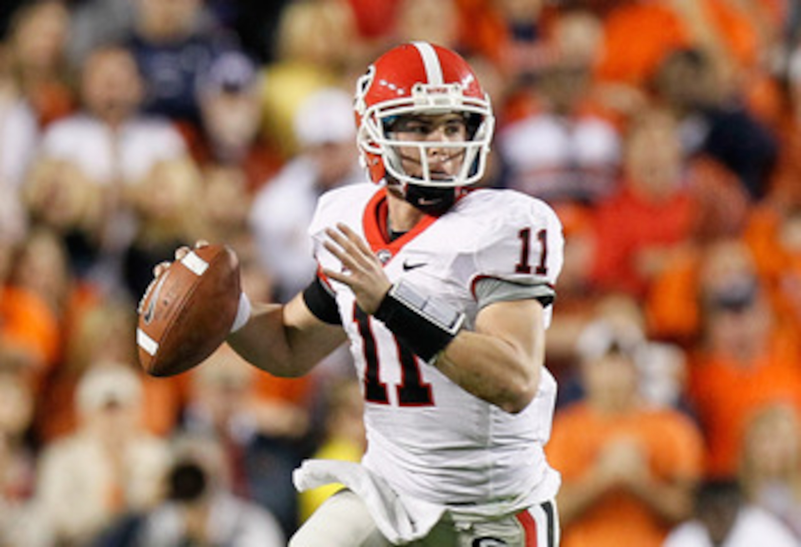 AUBURN, AL - NOVEMBER 13:  Quarterback Aaron Murray #11 of the Georgia Bulldogs against the Auburn Tigers at Jordan-Hare Stadium on November 13, 2010 in Auburn, Alabama.  (Photo by Kevin C. Cox/Getty Images)