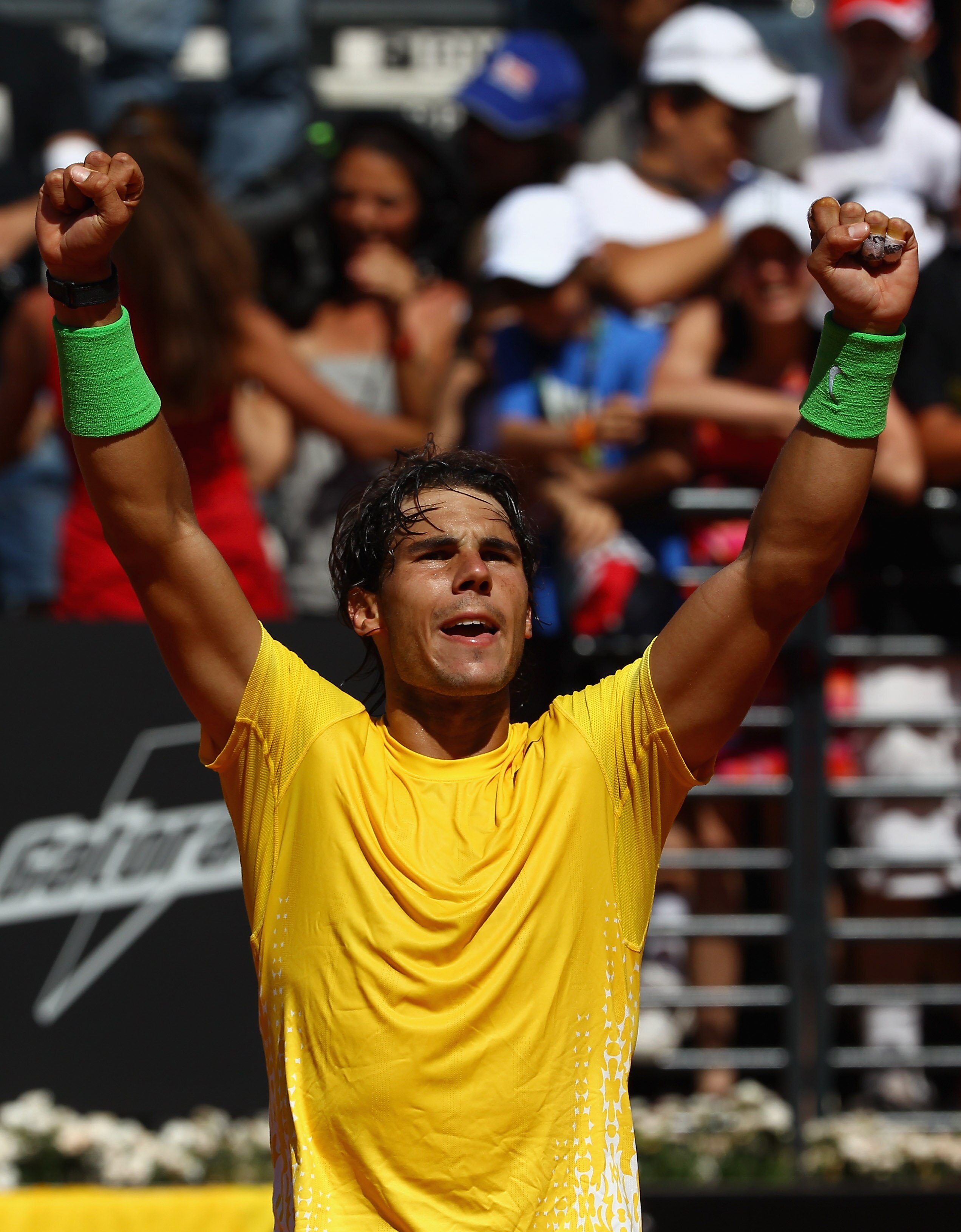 ROME, ITALY - MAY 14:  Rafael Nadal of Spain  celebrates victory after his semi final match against Richard Gasquet of France during day seven of the Internazoinali BNL D'Italia at the Foro Italico Tennis Centre  on May 14, 2011 in Rome, Italy.  (Photo by