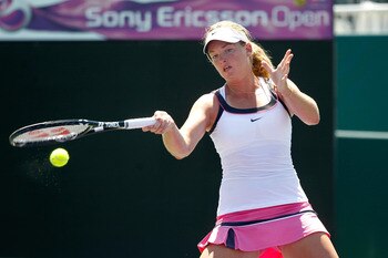 KEY BISCAYNE, FL - MARCH 23:  Coco Vandeweghe returns against Varvara Lepchenko during the Sony Ericsson Open at Crandon Park Tennis Center on March 23, 2011 in Key Biscayne, Florida.  (Photo by Matthew Stockman/Getty Images)