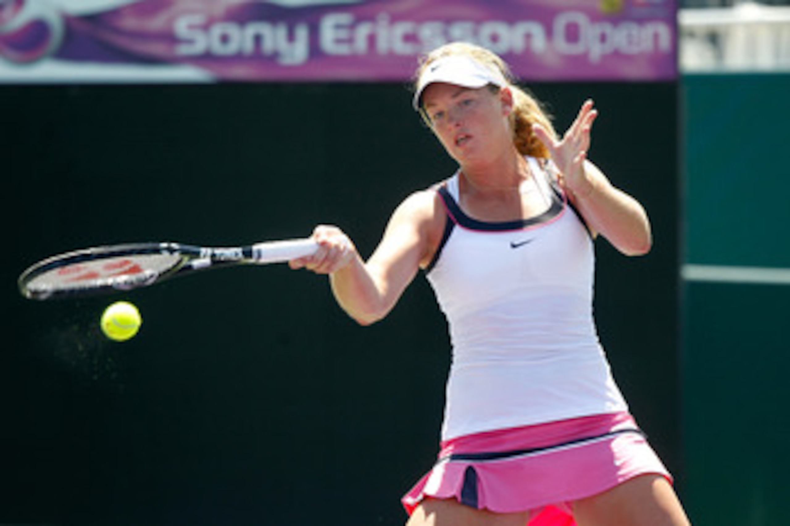 KEY BISCAYNE, FL - MARCH 23:  Coco Vandeweghe returns against Varvara Lepchenko during the Sony Ericsson Open at Crandon Park Tennis Center on March 23, 2011 in Key Biscayne, Florida.  (Photo by Matthew Stockman/Getty Images)