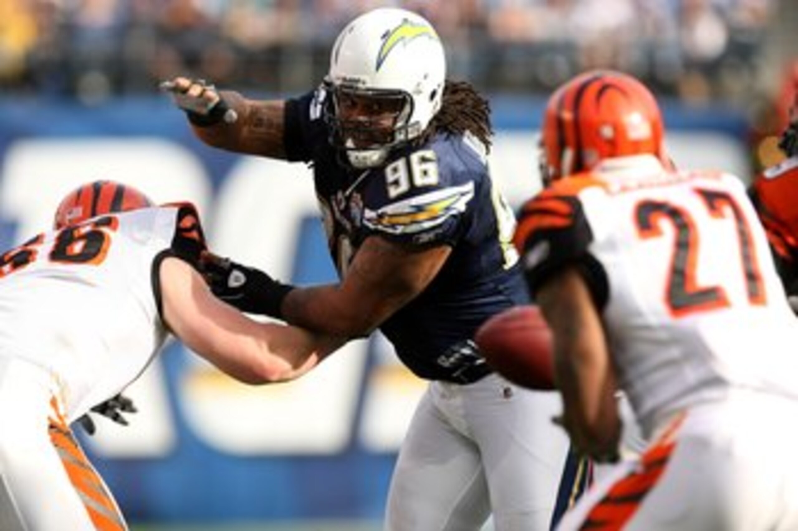 SAN DIEGO - DECEMBER 20:  Defensive lineman Travis Johnson #96 of the San Diego Chargers battles at the line against the Cincinnati Bengals on December 20, 2009 at Qualcomm Stadium in San Diego, California.  (Photo by Stephen Dunn/Getty Images)