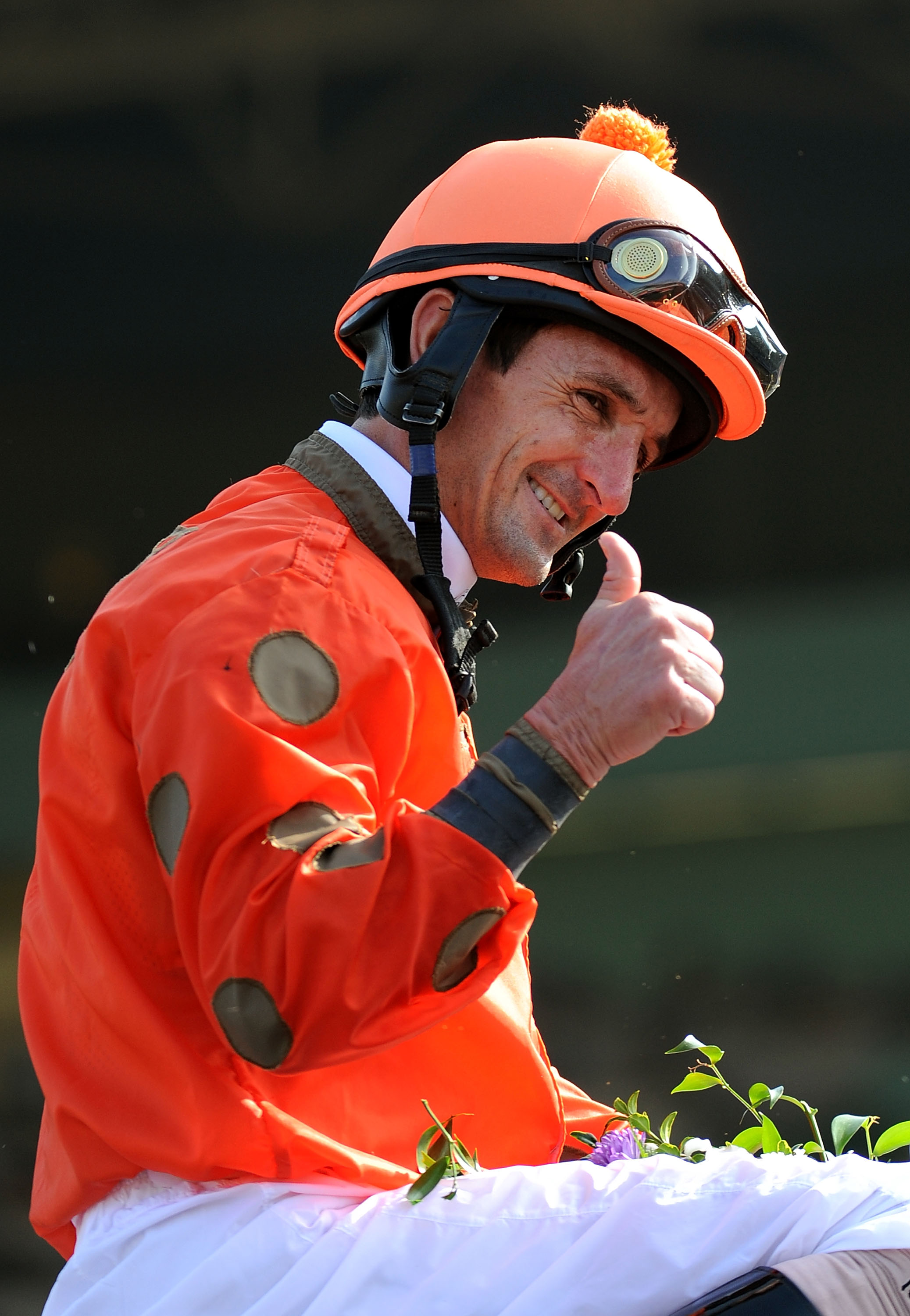 ARCADIA, CA - NOVEMEBR 6:  Jockey Robby Albarado celebrates winning the Breeders' Cup Juvenile Fillies Turf race with Tapitsfly during the Breeders' Cup World Championships at Santa Anita Park November 6, 2009 in Arcadia, California. (Photo by Harry How/G