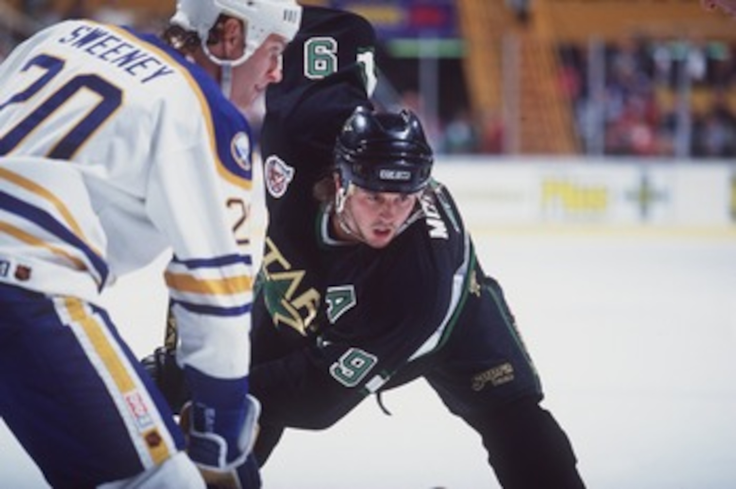 21 NOV 1992:  MIKE MODANO OF MINNESOTA READIES FOR THE FACE OFF AGAINST BOB SWEENEY OF BUFFALO DURING THE NORTH STARS GAME VERSUS THE SABRES AT THE AUD IN BUFFALO, NEW YORK. Mandatory Credit: Rick Stewart/ALLSPORT