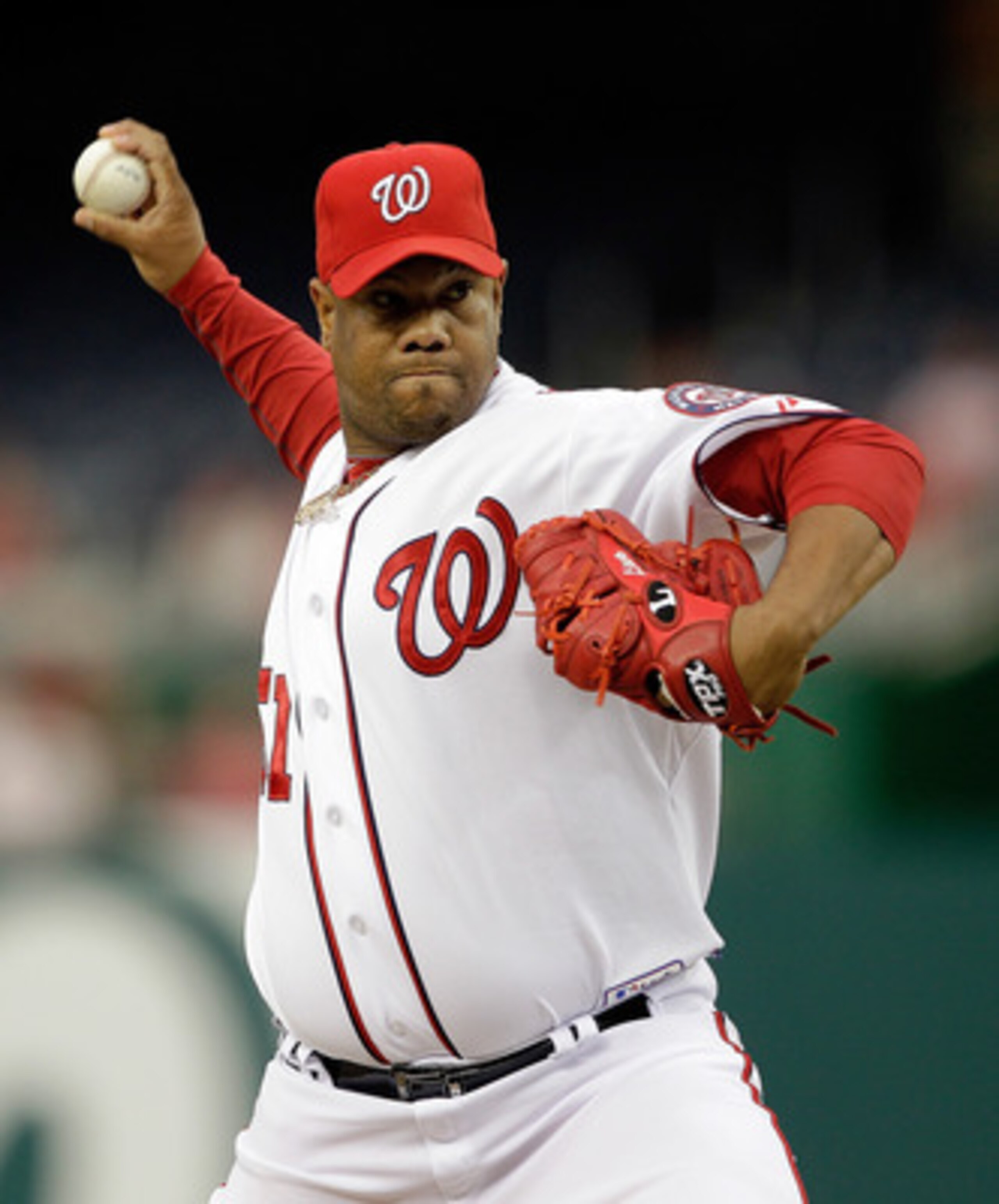 WASHINGTON, DC - APRIL 12: Pitcher Livan Hernandez #61 of the Washington Nationalsdelivers to a Philadelphia Phillies batter during the second inning at Nationals Park on April 12, 2011 in Washington, DC. (Photo by Rob Carr/Getty Images)