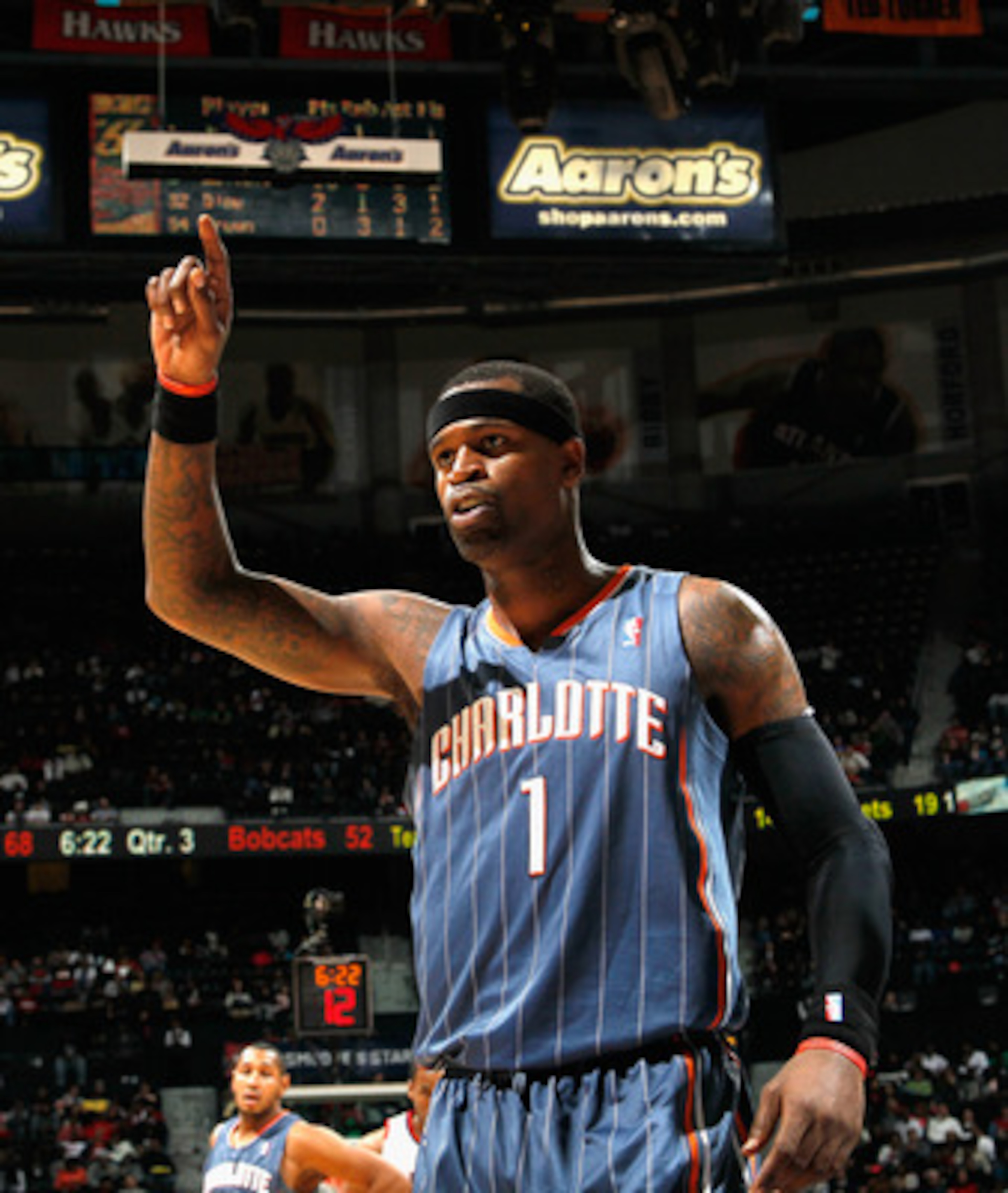 ATLANTA, GA - FEBRUARY 12: Stephen Jackson #1 of the Charlotte Bobcats reacts after being called for a foul against the Atlanta Hawks at Philips Arena on February 12, 2011 in Atlanta, Georgia. NOTE TO USER: User expressly acknowledges and agrees that, b ATLANTA, GA - FEBRUARY 12: Stephen Jackson #1 of the Charlotte Bobcats reacts after being called for a foul against the Atlanta Hawks at Philips Arena on February 12, 2011 in Atlanta, Georgia. NOTE TO USER: User expressly acknowledges and agrees that, b