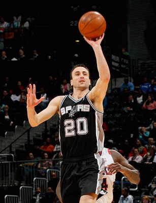 ATLANTA, GA - APRIL 05: Manu Ginobili #20 of the San Antonio Spurs against the Atlanta Hawks at Philips Arena on April 5, 2011 in Atlanta, Georgia. NOTE TO USER: User expressly acknowledges and agrees that, by downloading and/or using this Photograph, u ATLANTA, GA - APRIL 05: Manu Ginobili #20 of the San Antonio Spurs against the Atlanta Hawks at Philips Arena on April 5, 2011 in Atlanta, Georgia. NOTE TO USER: User expressly acknowledges and agrees that, by downloading and/or using this Photograph, u