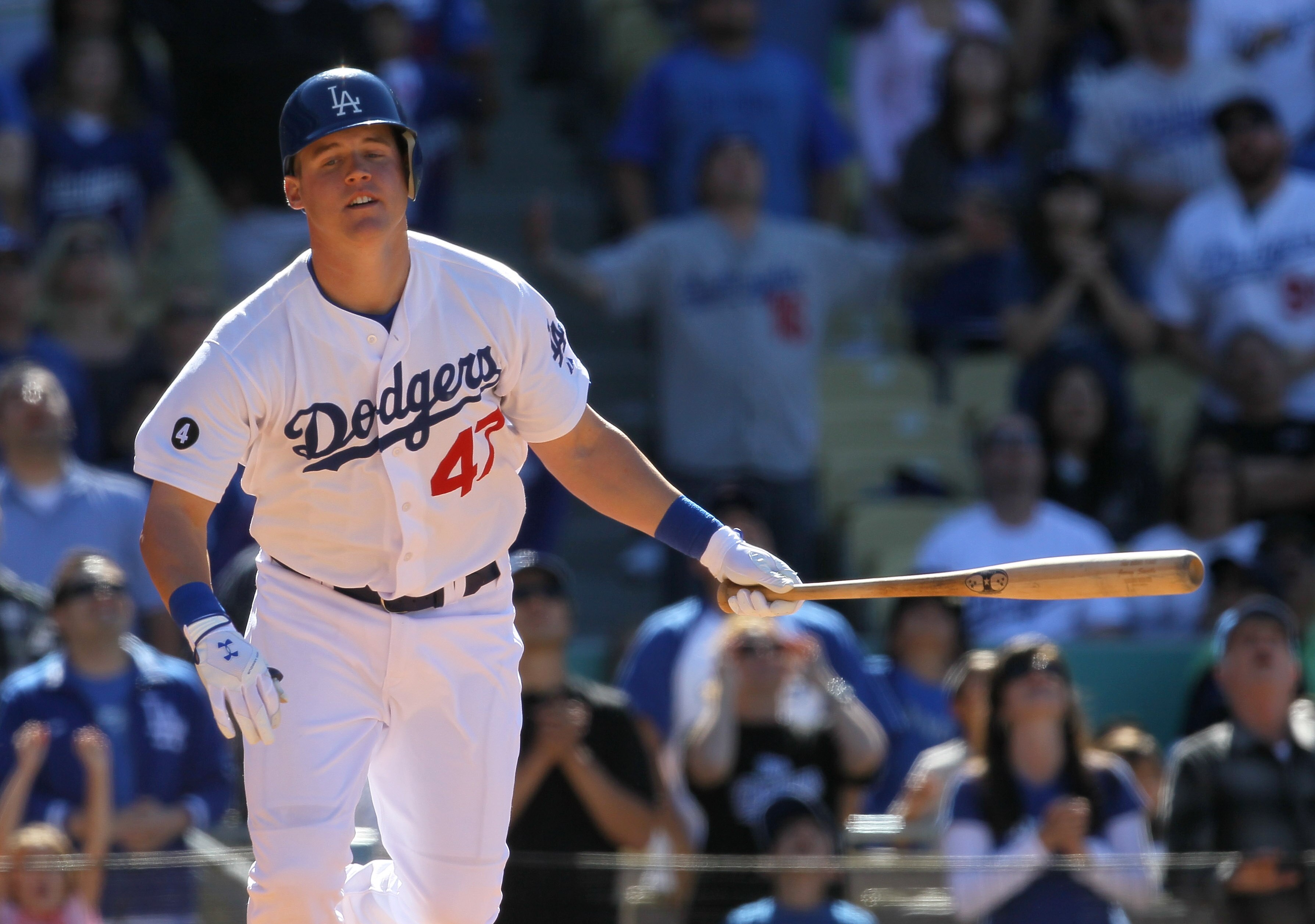 LOS ANGELES - MAY 15: Jerry Sands #47 of the Los Angeles Dodgers reacts as he hits a popup for the final out of the game with the Arizona Diamondbacks on May 15, 2011 at Dodger Stadium in Los Angeles, California.  The Diamondbacks won 4-1.  (Photo by Step