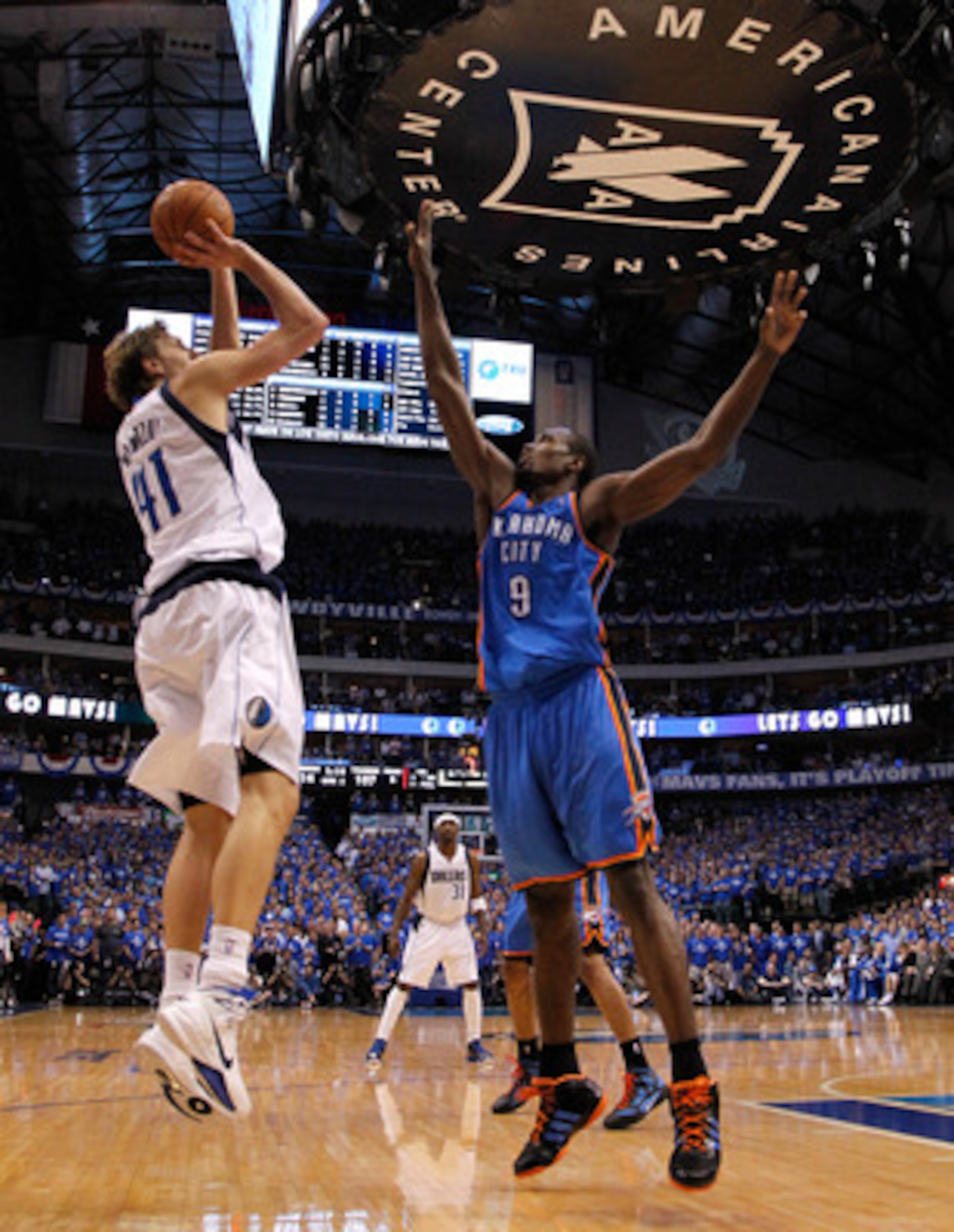 DALLAS, TX - MAY 17:  Dirk Nowitzki #41 of the Dallas Mavericks shoots over Serge Ibaka #9 of the Oklahoma City Thunder in Game One of the Western Conference Finals during the 2011 NBA Playoffs at American Airlines Center on May 17, 2011 in Dallas, Texas.