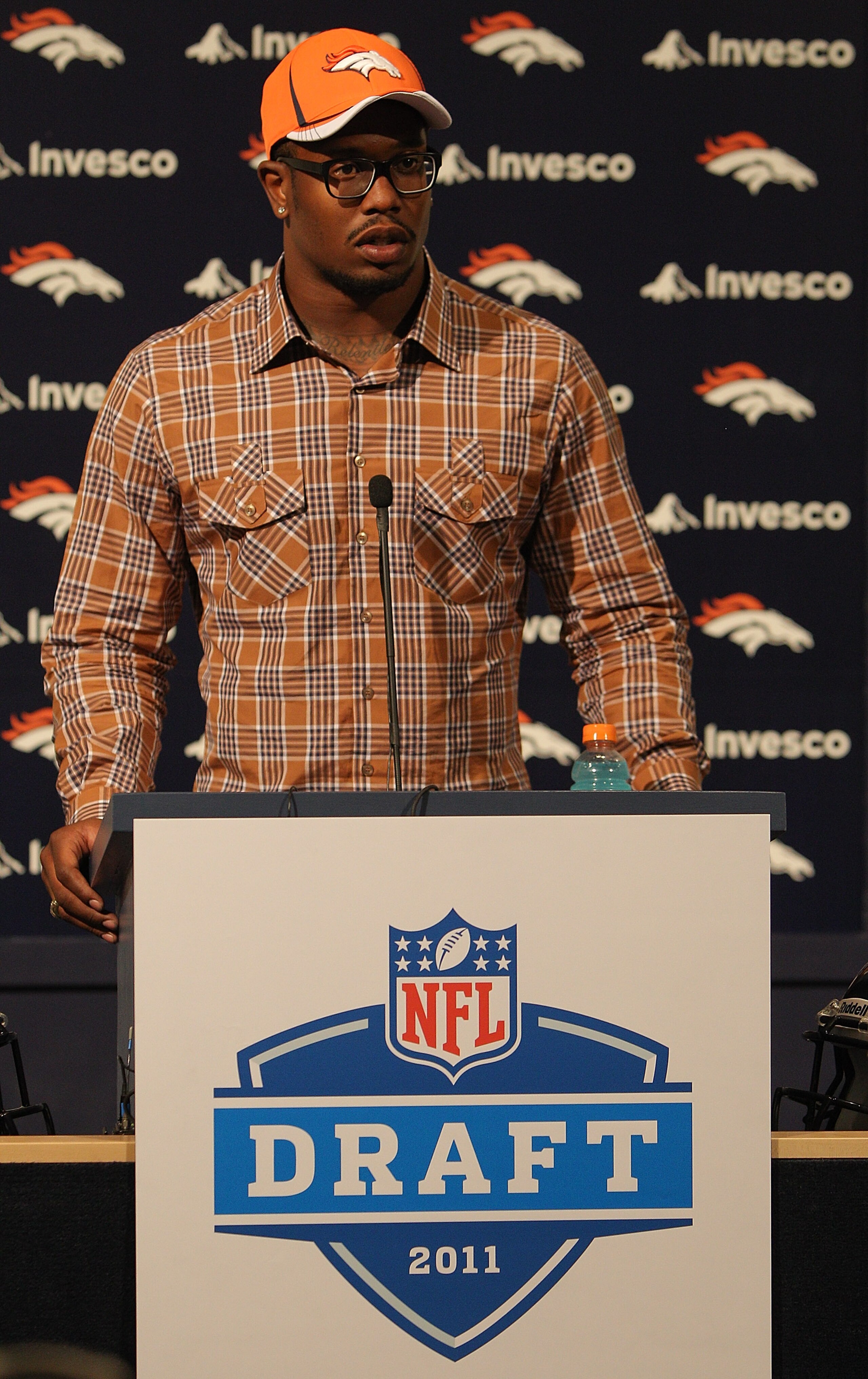 ENGLEWOOD, CO - APRIL 29:  Von Miller of the Denver Broncos speaks to the media at Dove Valley on April 29, 2011 in Englewood, Colorado. Miller, a projected outside linebacker in head coach John Fox's new 4-3 scheme, was selected second overall from Texas