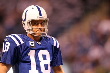 INDIANAPOLIS, IN - JANUARY 08:  Quarterback Peyton Manning #18 of the Indianapolis Colts looks on against the New York Jets during their 2011 AFC wild card playoff game at Lucas Oil Stadium on January 8, 2011 in Indianapolis, Indiana. The Jets won 17-16. 