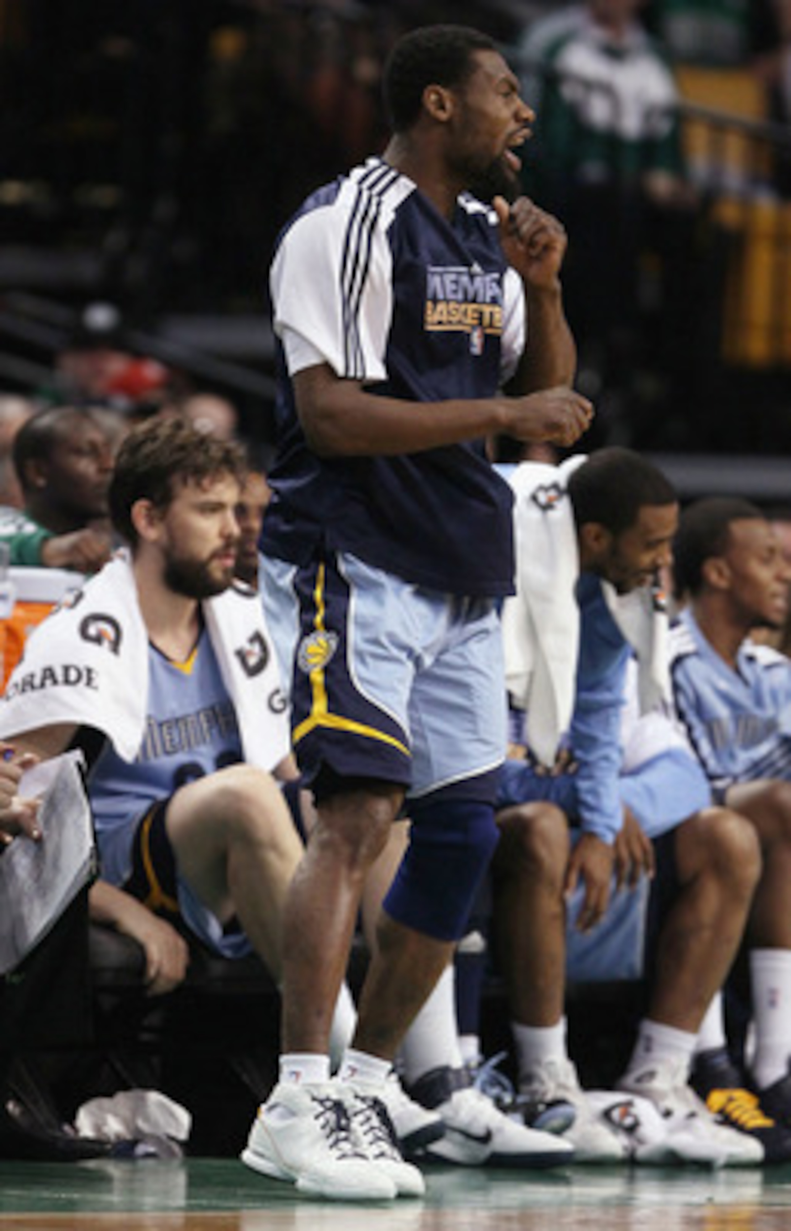 BOSTON, MA - MARCH 23:  Tony Allen #9 of the Memphis Grizzlies celebrates from the bench as a teammate draws the foul in first half against the Boston Celtics  the on March 23, 2011 at the TD Garden in Boston, Massachusetts.  NOTE TO USER: User expressly 