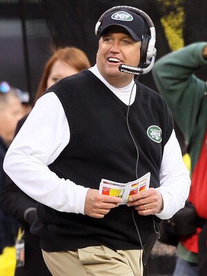 EAST RUTHERFORD, NJ - NOVEMBER 21: Head coach Rex Ryan of the New York Jets looks on against  the Houston Texans on November 21, 2010 at the New Meadowlands Stadium in East Rutherford, New Jersey.  (Photo by Jim McIsaac/Getty Images)