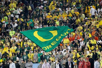 GLENDALE, AZ - JANUARY 10: An Oregon Ducks flag is displayed at the Tostitos BCS National Championship Game against the Auburn Tigers at University of Phoenix Stadium on January 10, 2011 in Glendale, Arizona. (Photo by Kevin C. Cox/Getty Images) GLENDALE, AZ - JANUARY 10: An Oregon Ducks flag is displayed at the Tostitos BCS National Championship Game against the Auburn Tigers at University of Phoenix Stadium on January 10, 2011 in Glendale, Arizona. (Photo by Kevin C. Cox/Getty Images)