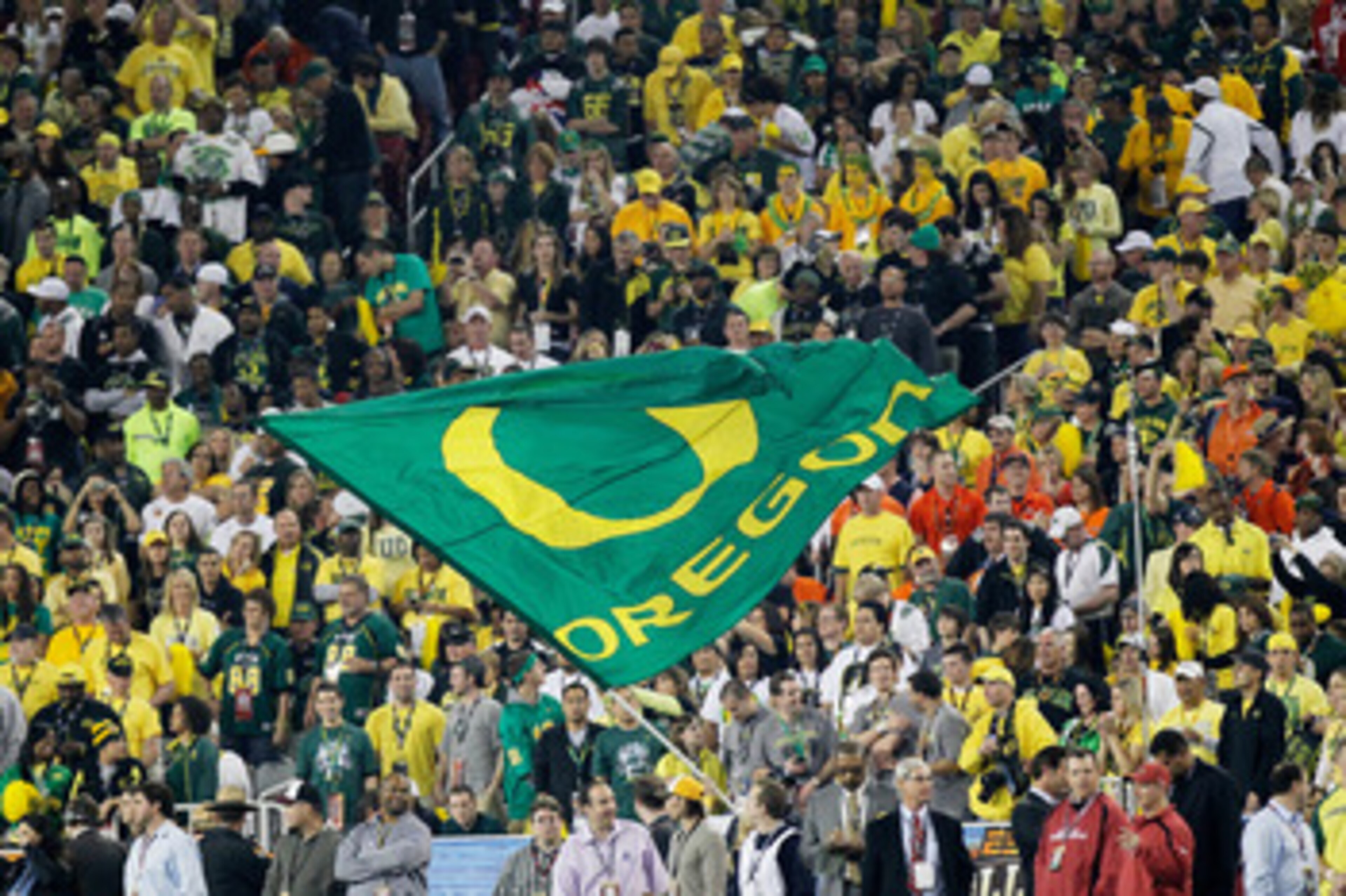 GLENDALE, AZ - JANUARY 10:  An Oregon Ducks flag is displayed at the Tostitos BCS National Championship Game against the Auburn Tigers at University of Phoenix Stadium on January 10, 2011 in Glendale, Arizona.  (Photo by Kevin C. Cox/Getty Images)