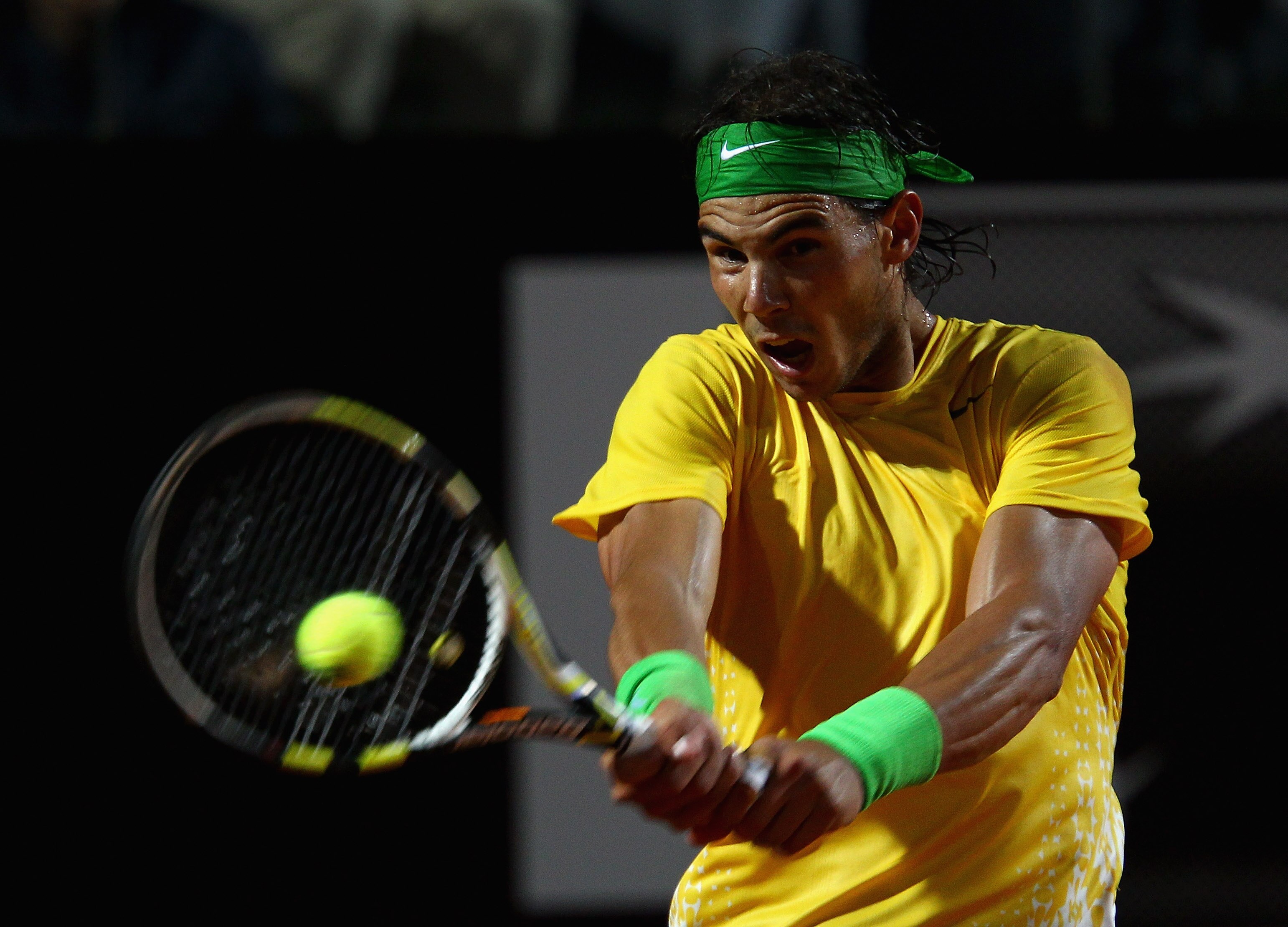 ROME, ITALY - MAY 15:  Rafael Nadal of Spain in action during the final against Novak Djokovic of Serbia during day eight of the Internazoinali BNL D'Italia at the Foro Italico Tennis Centre on May 15, 2011 in Rome, Italy.  (Photo by Clive Brunskill/Getty