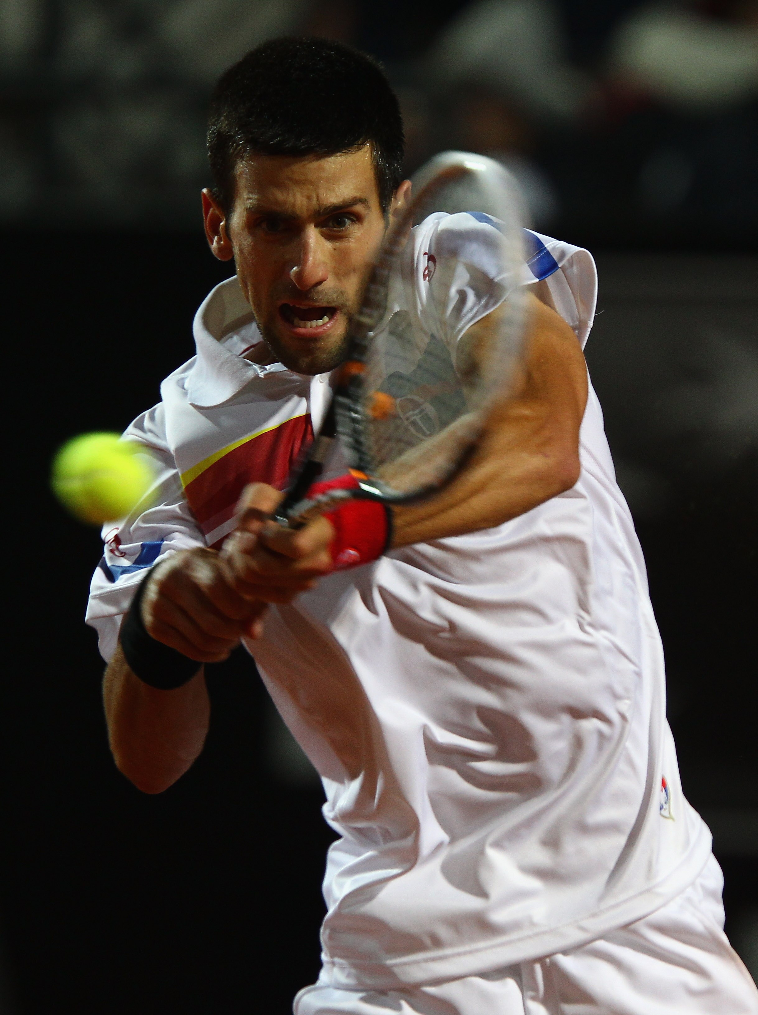 ROME, ITALY - MAY 15:  Novak Djokovic of Serbia in action during the final against Rafael Nadal of Spain during day eight of the Internazoinali BNL D'Italia at the Foro Italico Tennis Centre on May 15, 2011 in Rome, Italy.  (Photo by Clive Brunskill/Getty