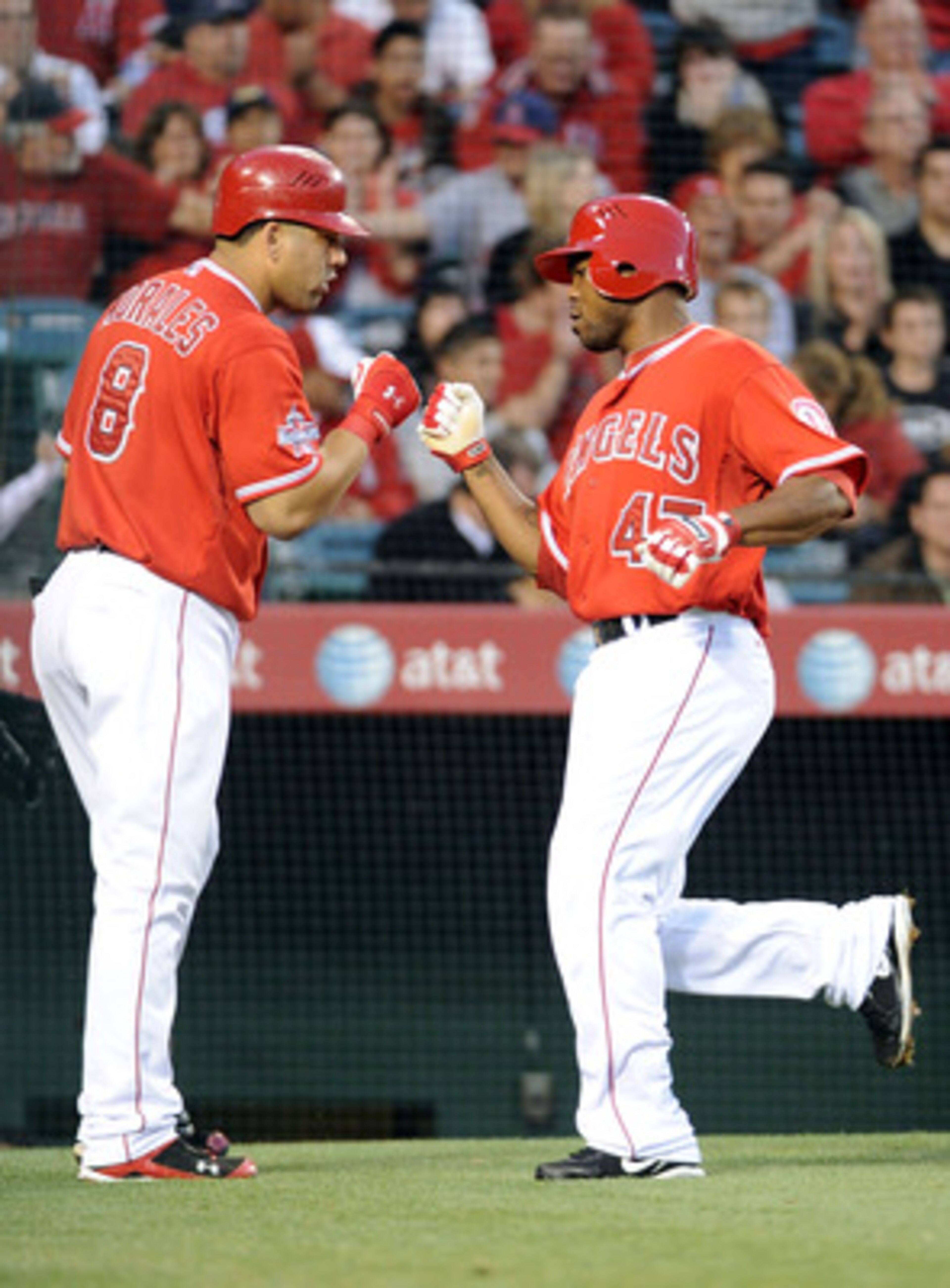 ANAHEIM, CA - MAY 25:  Howard Kendrick #47 of the  Los Angeles Angels celebrates his run with Kendry Morales #8 for a 5-0 lead over the Toronto Blue Jay during the second inning at Angel Stadium on May 25, 2010 in Anaheim, California.  (Photo by Harry How