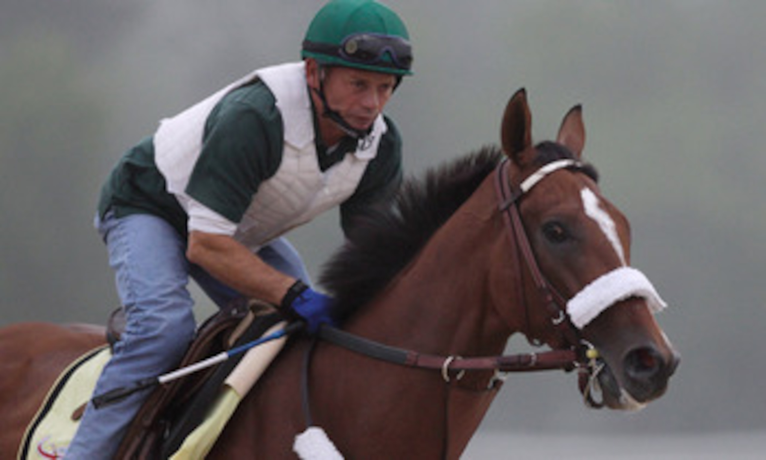BALTIMORE, MD - MAY 19:  Exercise rider Heriberto Pulgar takes Preakness entrant Mucho Macho Man over the track at Pimlico Race Course on May 19, 2011 in Baltimore, Maryland. The 136th running of the Preakness Stakes will be run on Saturday.  (Photo by Ro