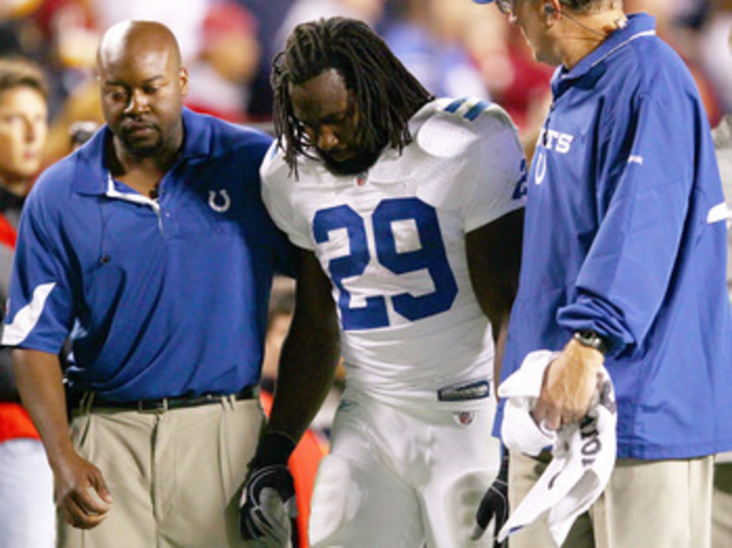 LANDOVER, MD - OCTOBER 17:  Running back Joseph Addai #29 of the Indianapolis Colts is helped off the field after being injured against the Washington Redskins at FedEx Field on October 17, 2010 in Landover, Maryland. The Colts won the game 27-24.  (Photo