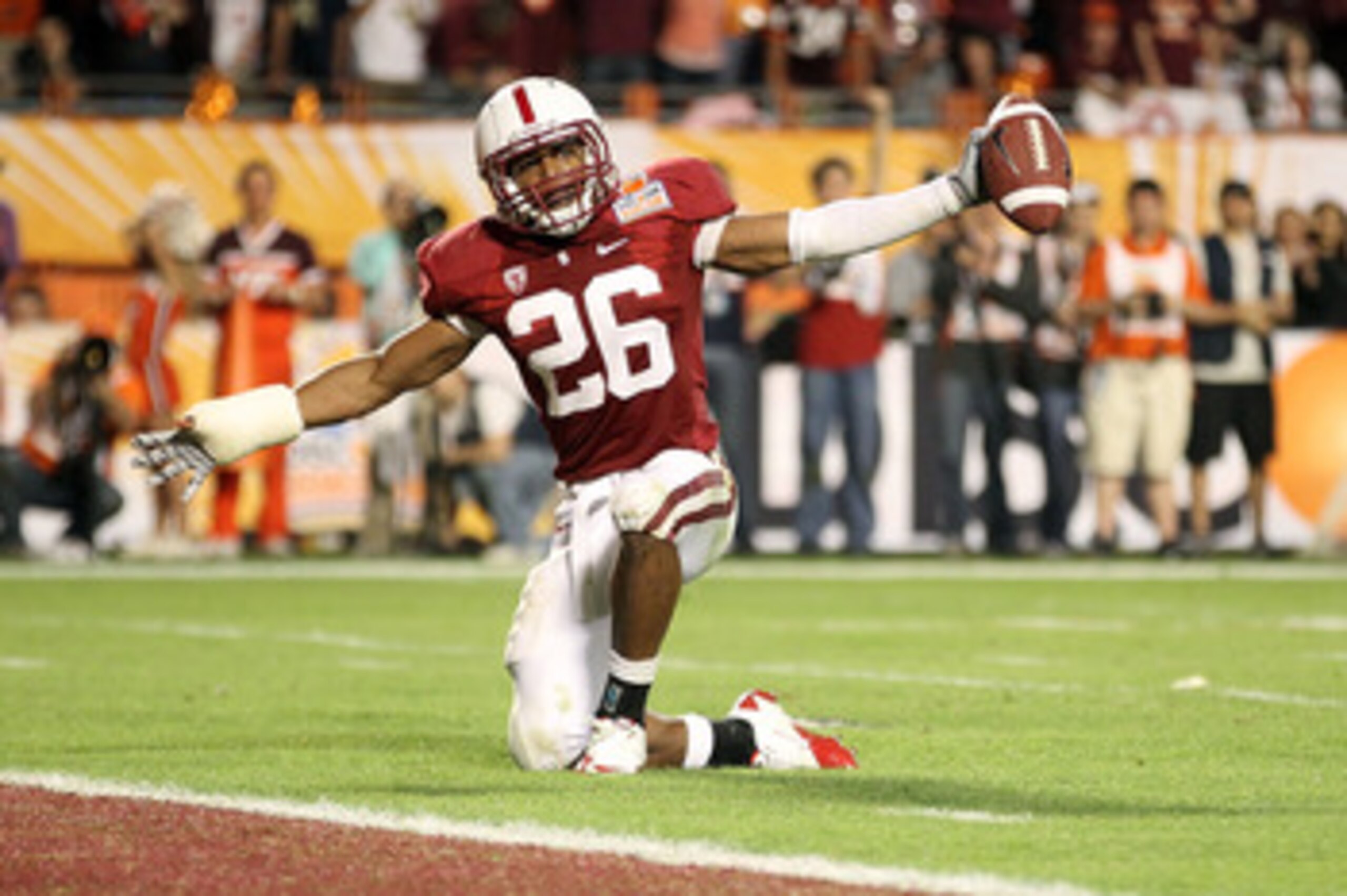 MIAMI, FL - JANUARY 03: Delano Howell #26 of the Stanford Cardinal reacts after he intercepted a pass against the Virginia Tech Hokies during the 2011 Discover Orange Bowl at Sun Life Stadium on January 3, 2011 in Miami, Florida. (Photo by Streeter Lecka/