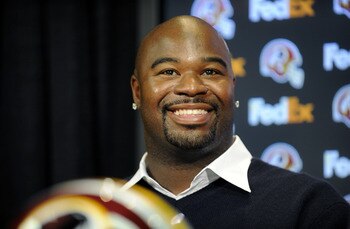 ASHBURN, VA - FEBRUARY 27:  Albert Haynesworth attends a press conference after signing a 7-year contract worth approximately $100 million with the Washington Redskins on February 27, 2009 at Redskins Park in Ashburn, Virginia.  (Photo by Mitchell Layton/