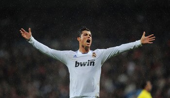 MADRID, SPAIN - FEBRUARY 19: Cristiano Ronaldo of Real Madrid reacts during the  La Liga match between Real Madrid and Levante at Estadio Santiago Bernabeu on February 19, 2011 in Madrid, Spain.  (Photo by Denis Doyle/Getty Images)
