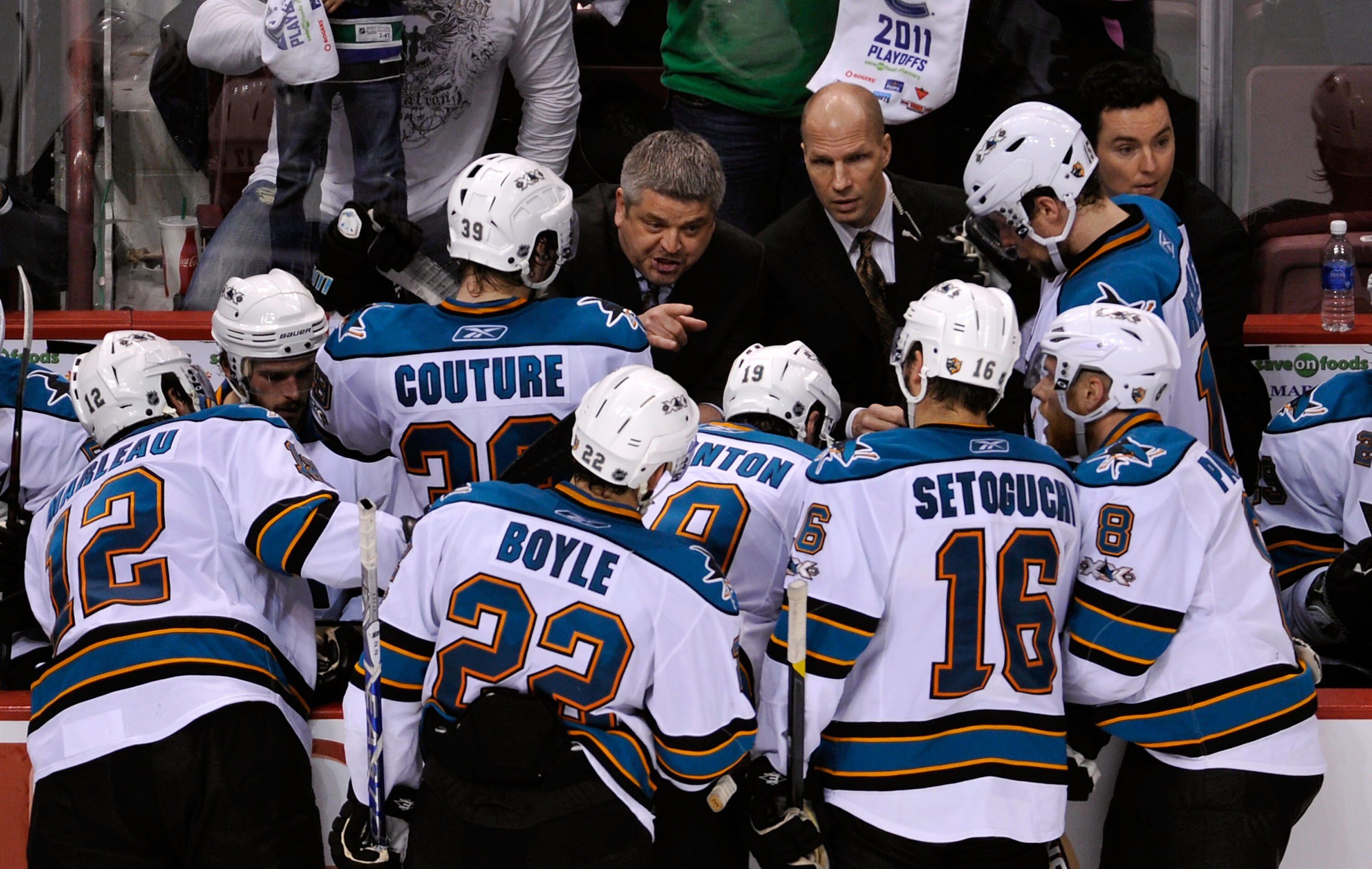 VANCOUVER, BC - MAY 15:  Head Coach Todd McLellan of the San Jose Sharks gives instructions to his players from the bench area in Game One of the Western Conference Finals against the Vancouver Canucks during the 2011 Stanley Cup Playoffs at Rogers Arena