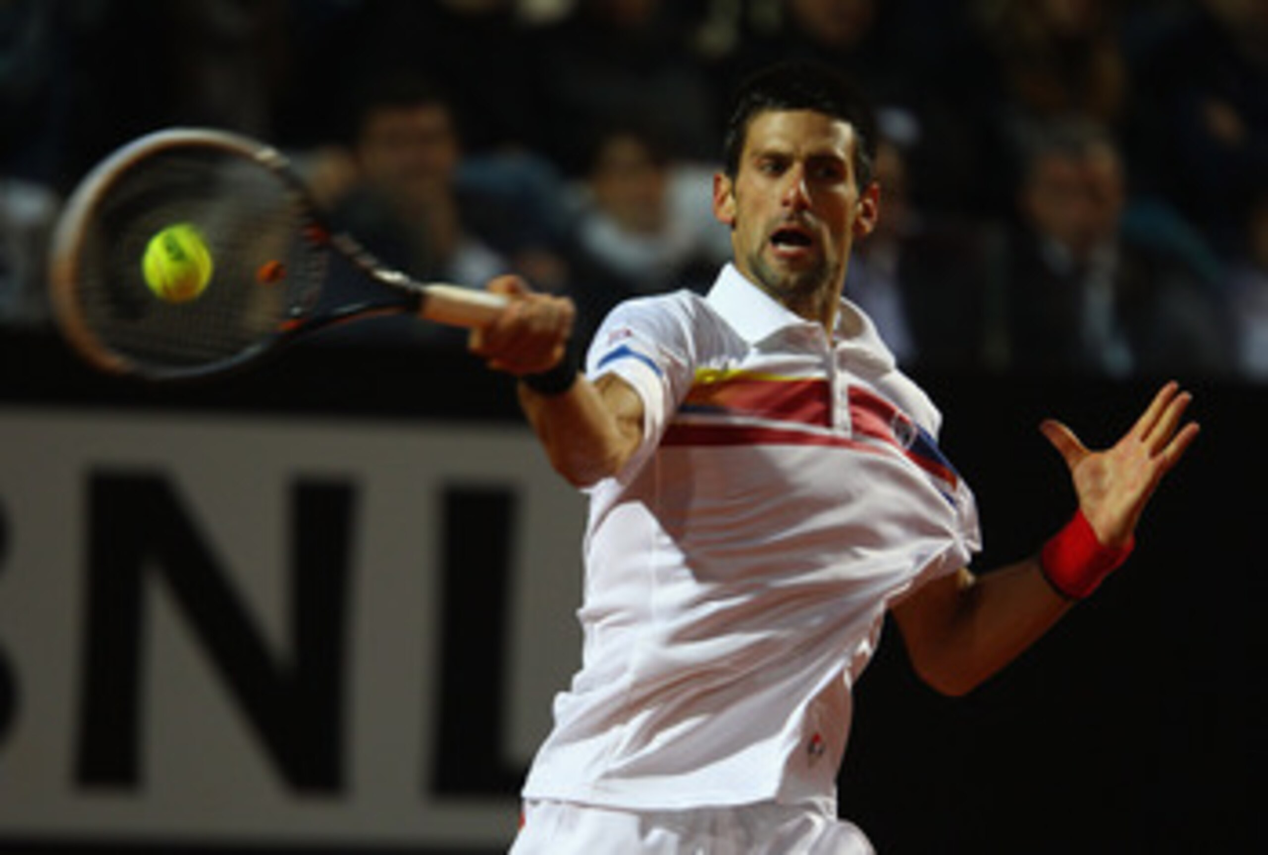 ROME, ITALY - MAY 15:  Novak Djokovic of Serbia in action during the final against Rafael Nadal of Spain during day eight of the Internazoinali BNL D'Italia at the Foro Italico Tennis Centre on May 15, 2011 in Rome, Italy.  (Photo by Clive Brunskill/Getty