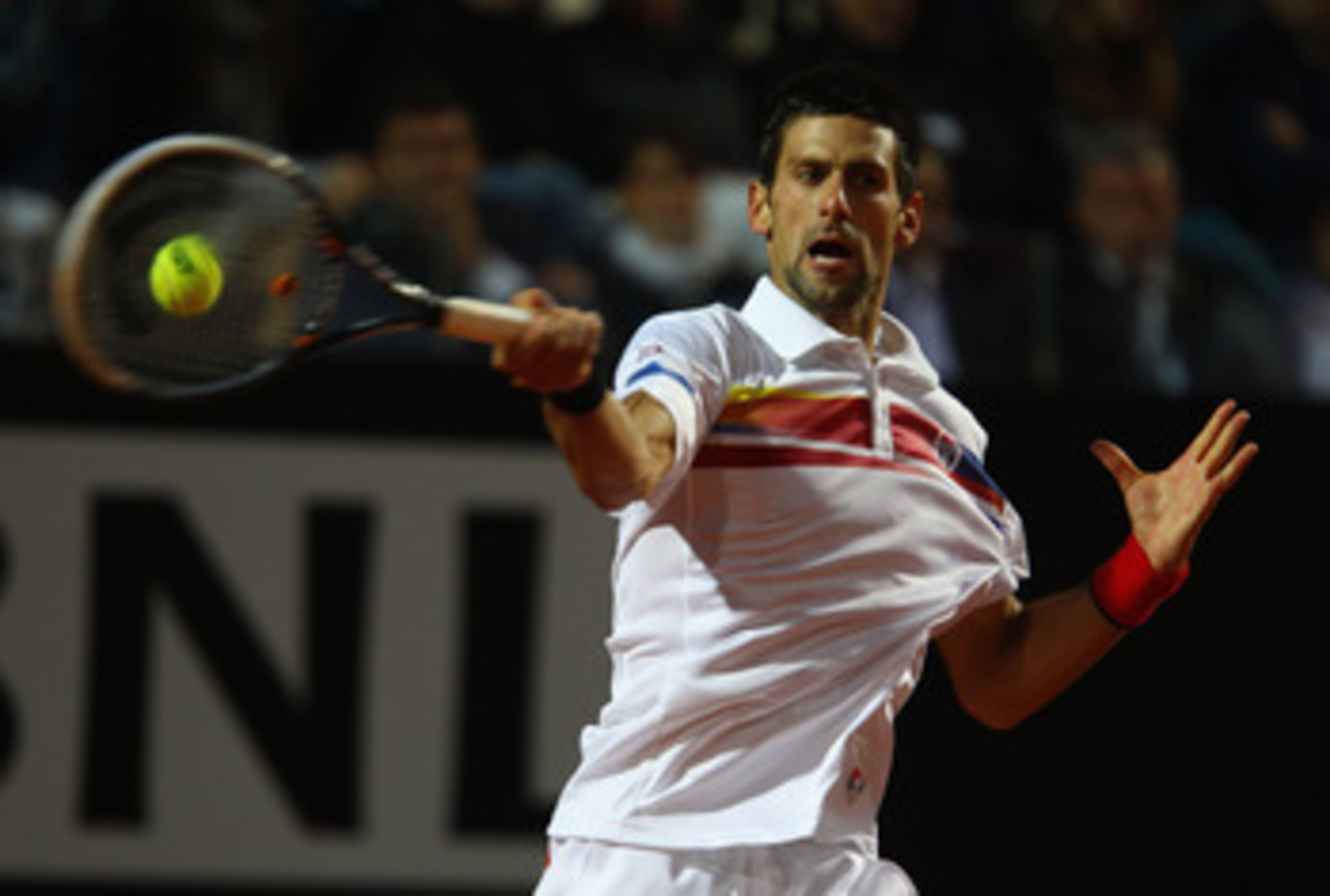 ROME, ITALY - MAY 15:  Novak Djokovic of Serbia in action during the final against Rafael Nadal of Spain during day eight of the Internazoinali BNL D'Italia at the Foro Italico Tennis Centre on May 15, 2011 in Rome, Italy.  (Photo by Clive Brunskill/Getty