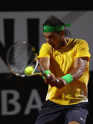ROME, ITALY - MAY 15:  Rafael Nadal of Spain in action during the final against Novak Djokovic of Serbia during day eight of the Internazoinali BNL D'Italia at the Foro Italico Tennis Centre on May 15, 2011 in Rome, Italy.  (Photo by Clive Brunskill/Getty