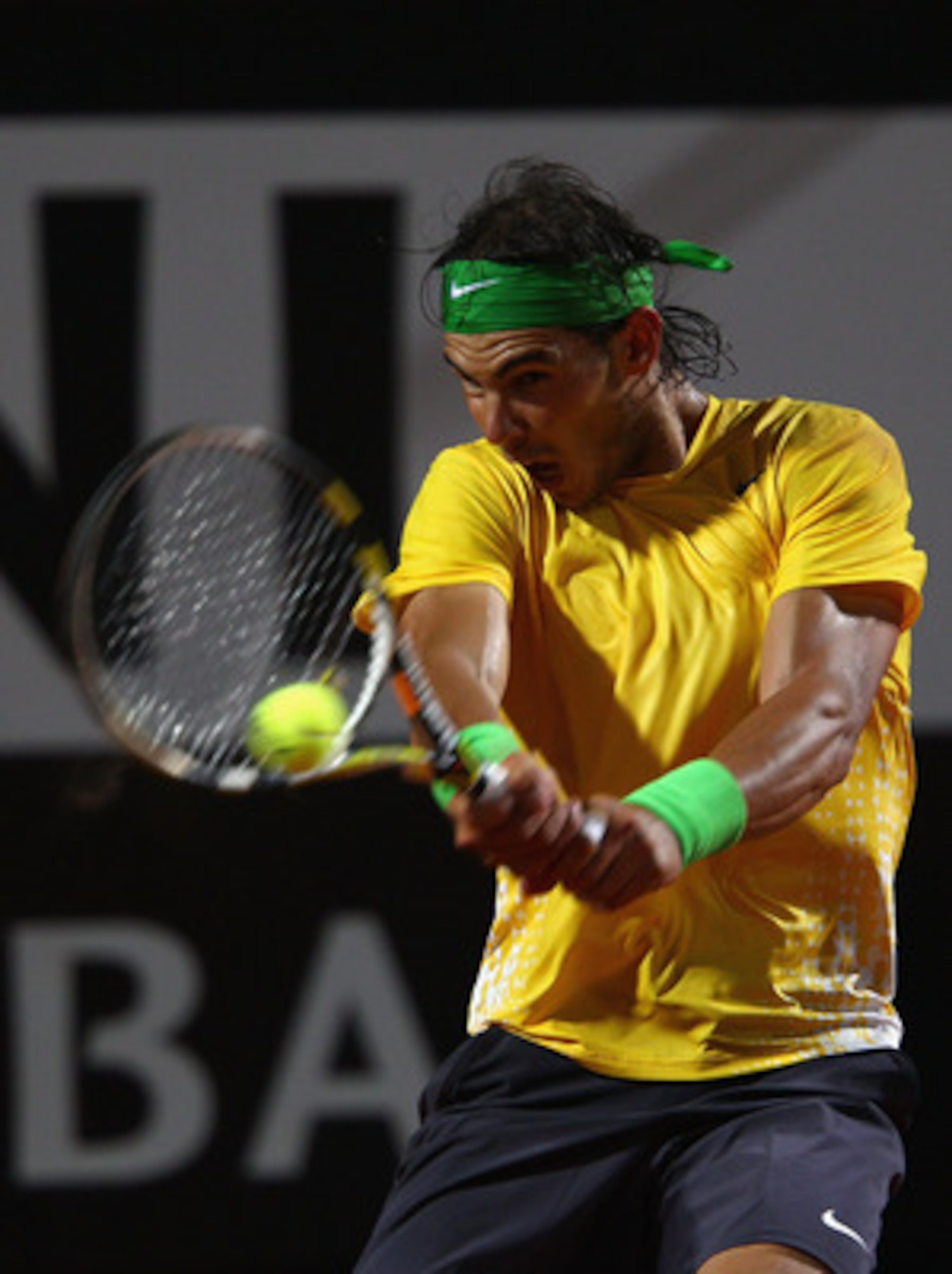 ROME, ITALY - MAY 15:  Rafael Nadal of Spain in action during the final against Novak Djokovic of Serbia during day eight of the Internazoinali BNL D'Italia at the Foro Italico Tennis Centre on May 15, 2011 in Rome, Italy.  (Photo by Clive Brunskill/Getty