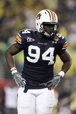 GLENDALE, AZ - JANUARY 10:  Nosa Eguae #94 of the Auburn Tigers looks on against the Oregon Ducks during the Tostitos BCS National Championship Game at University of Phoenix Stadium on January 10, 2011 in Glendale, Arizona.  (Photo by Christian Petersen/G