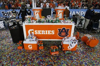 GLENDALE, AZ - JANUARY 10:  Gatorade products sit on the sideline after the Auburn Tigers defeated the Oregon Ducks 22 to 19 during the Tostitos BCS National Championship Game at University of Phoenix Stadium on January 10, 2011 in Glendale, Arizona.  (Ph