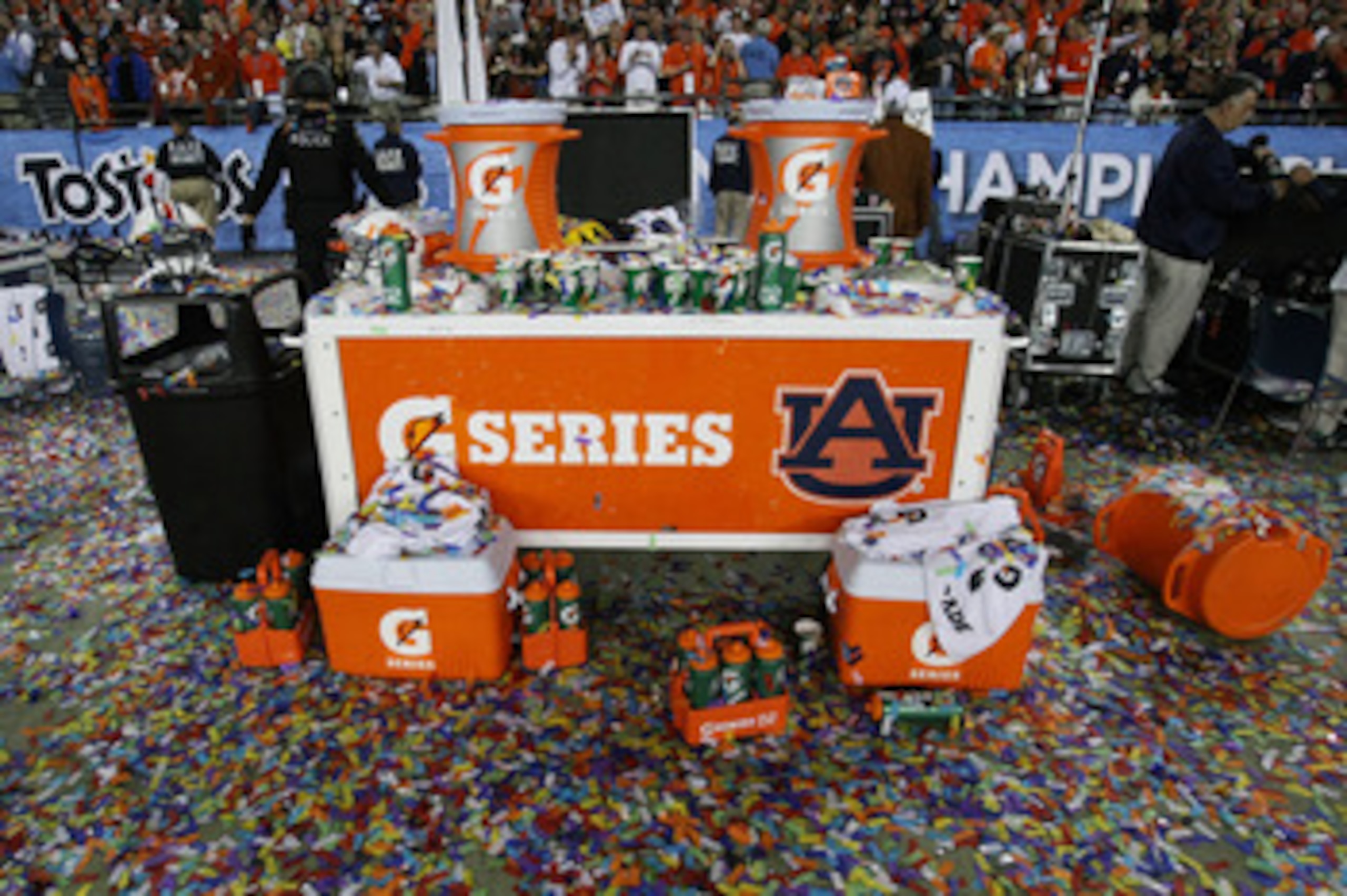 GLENDALE, AZ - JANUARY 10:  Gatorade products sit on the sideline after the Auburn Tigers defeated the Oregon Ducks 22 to 19 during the Tostitos BCS National Championship Game at University of Phoenix Stadium on January 10, 2011 in Glendale, Arizona.  (Ph
