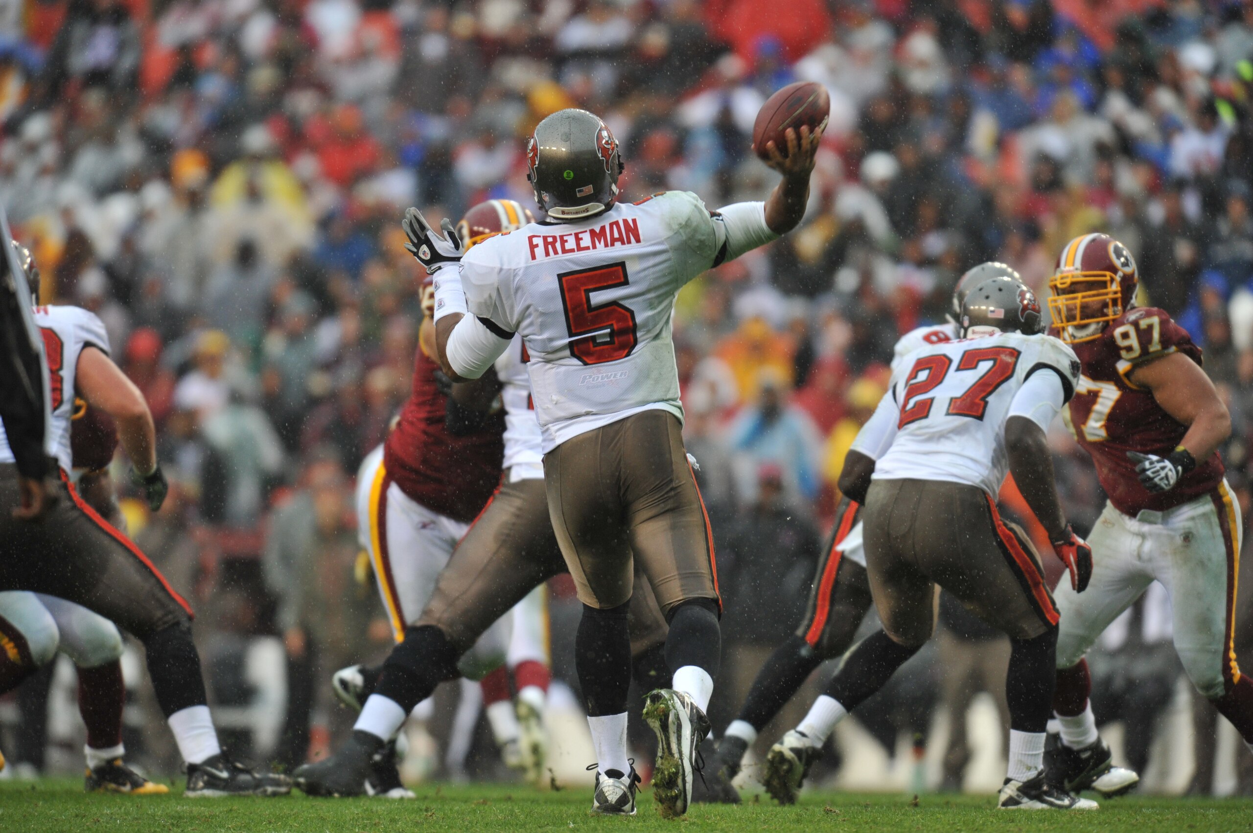 LANDOVER, MD - DECEMBER 12:  Josh Freeman #5 of the Tampa Bay Buccaneers passes during the game against the Washington Redskins  at FedExField on December 12, 2010 in Landover, Maryland. The Buccaneers defeated the Redskins 17-16. (Photo by Larry French/G